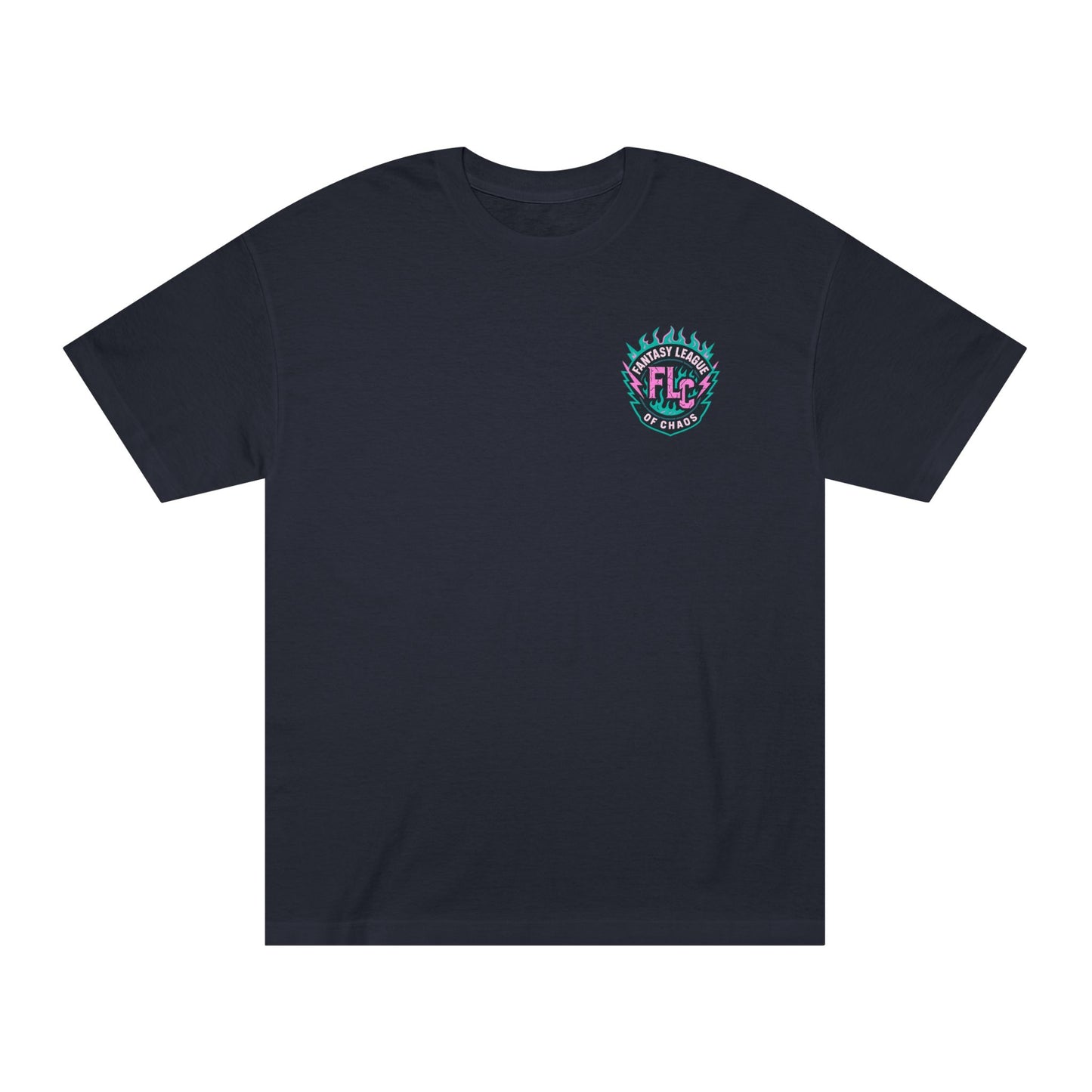 The Unisex Classic Tee features the Dripball Design with stylized flames and FLC at the center, encircled by FEEL THE COLOR in bright blue and pink—a fun, playful tee perfect for basketball fans and summer vibes.