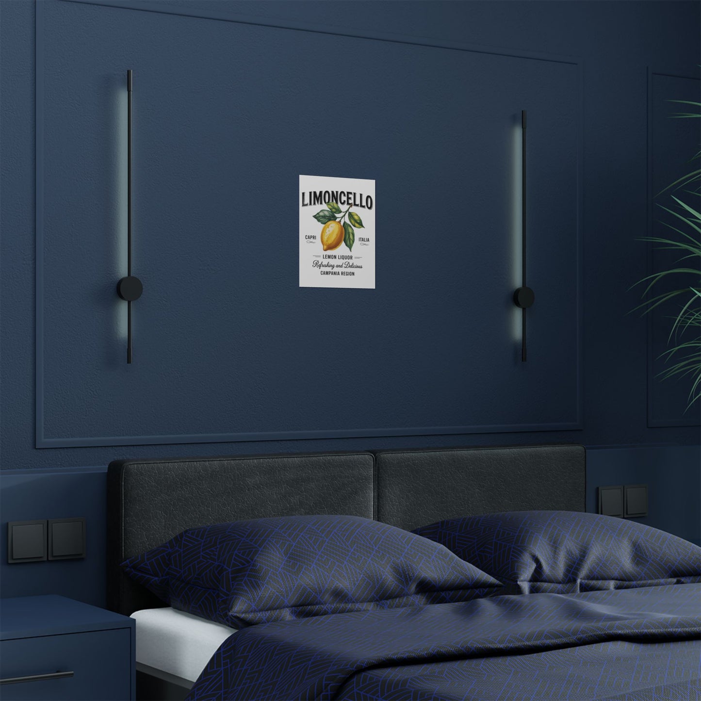 Modern bedroom setting with a Limoncello Vintage Satin Poster on a blue wall, perfect for adding Italian lemon decor to enhance the space.