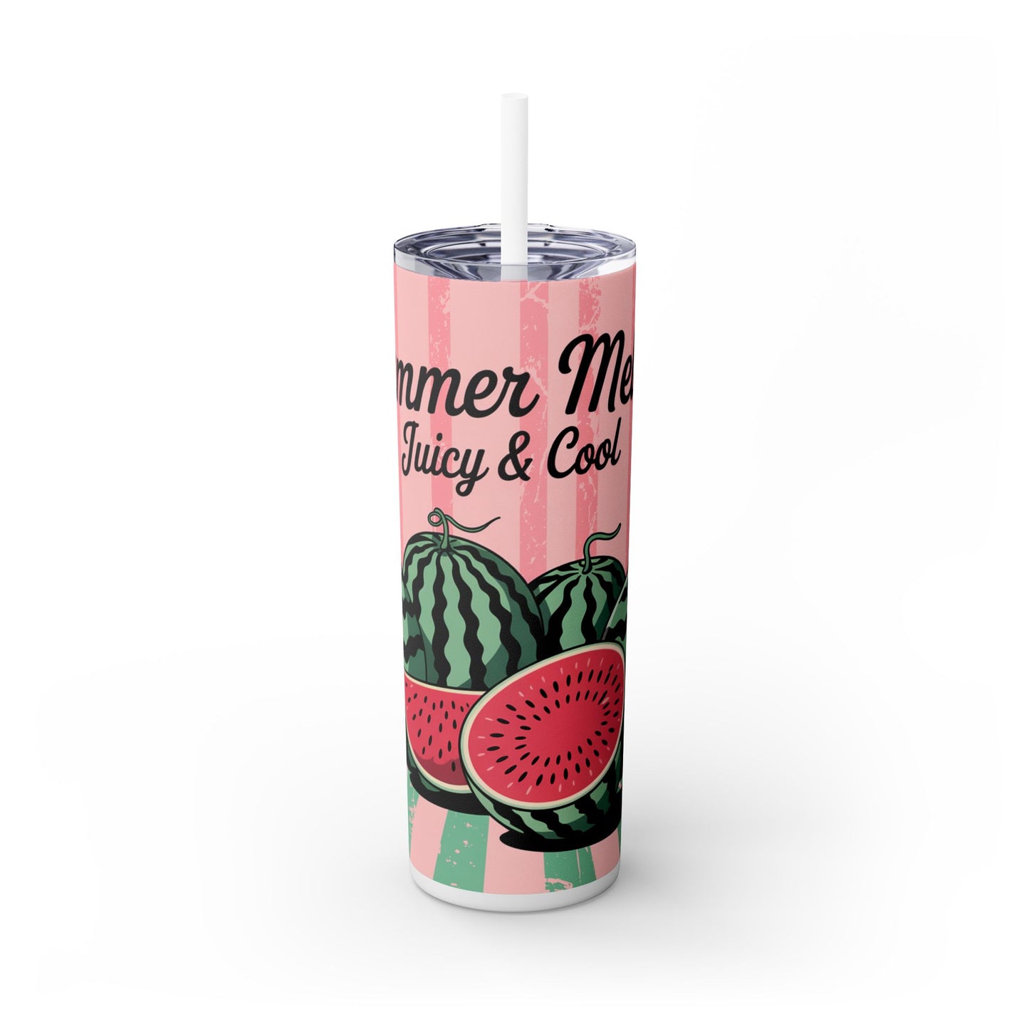 The Printify Summer Drinkware Tumbler 20oz features a vibrant watermelon design with whole and sliced fruit on pink stripes, plus an eco-friendly straw. Double-wall insulation keeps drinks cool all day. Text: Summer Melon Juicy & Cool.