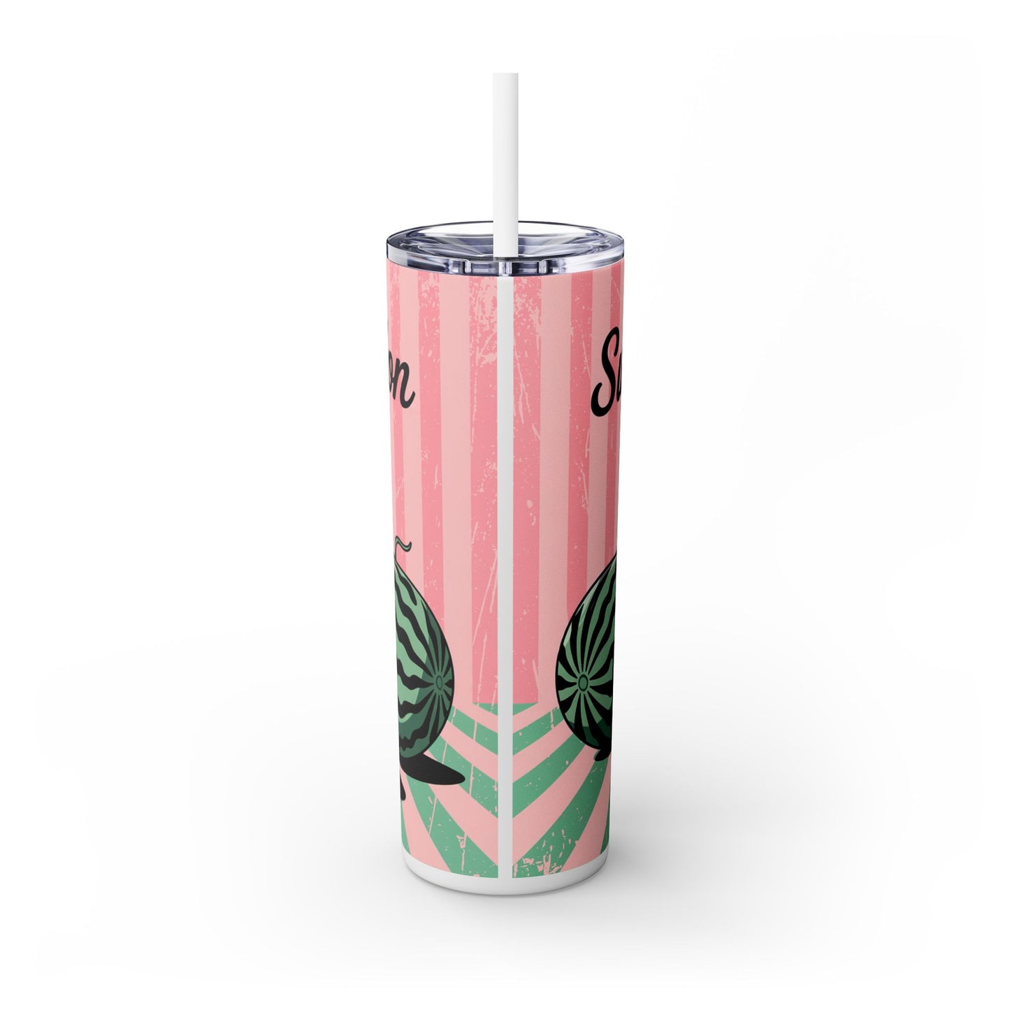 Summer Watermelon Skinny Tumbler with Straw, 20oz - close-up of the colorful design showcasing juicy watermelons, ideal as summer drinkware tumbler for refreshing beverages.