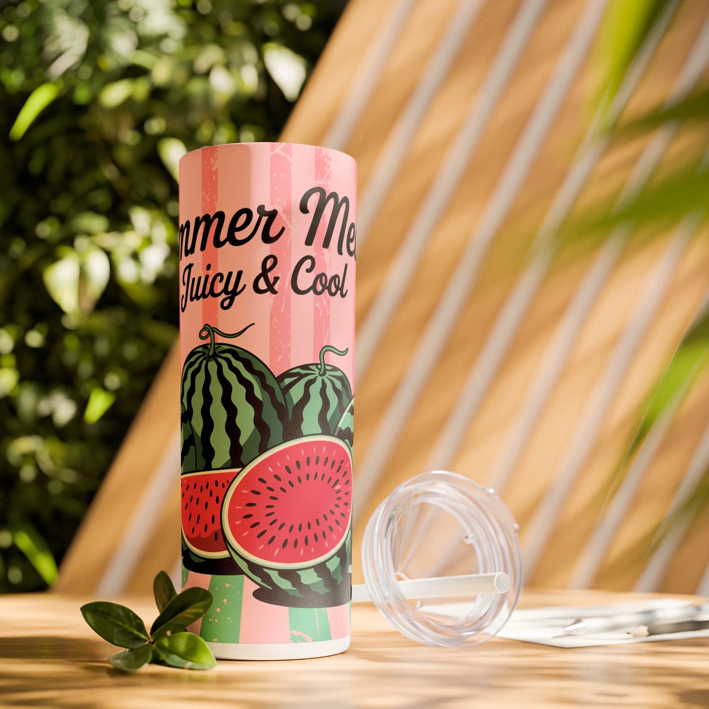Aesthetic Summer Watermelon Skinny Tumbler with Straw, 20oz in a sunny setting, exemplifying stylish summer drinkware tumbler for refreshment.