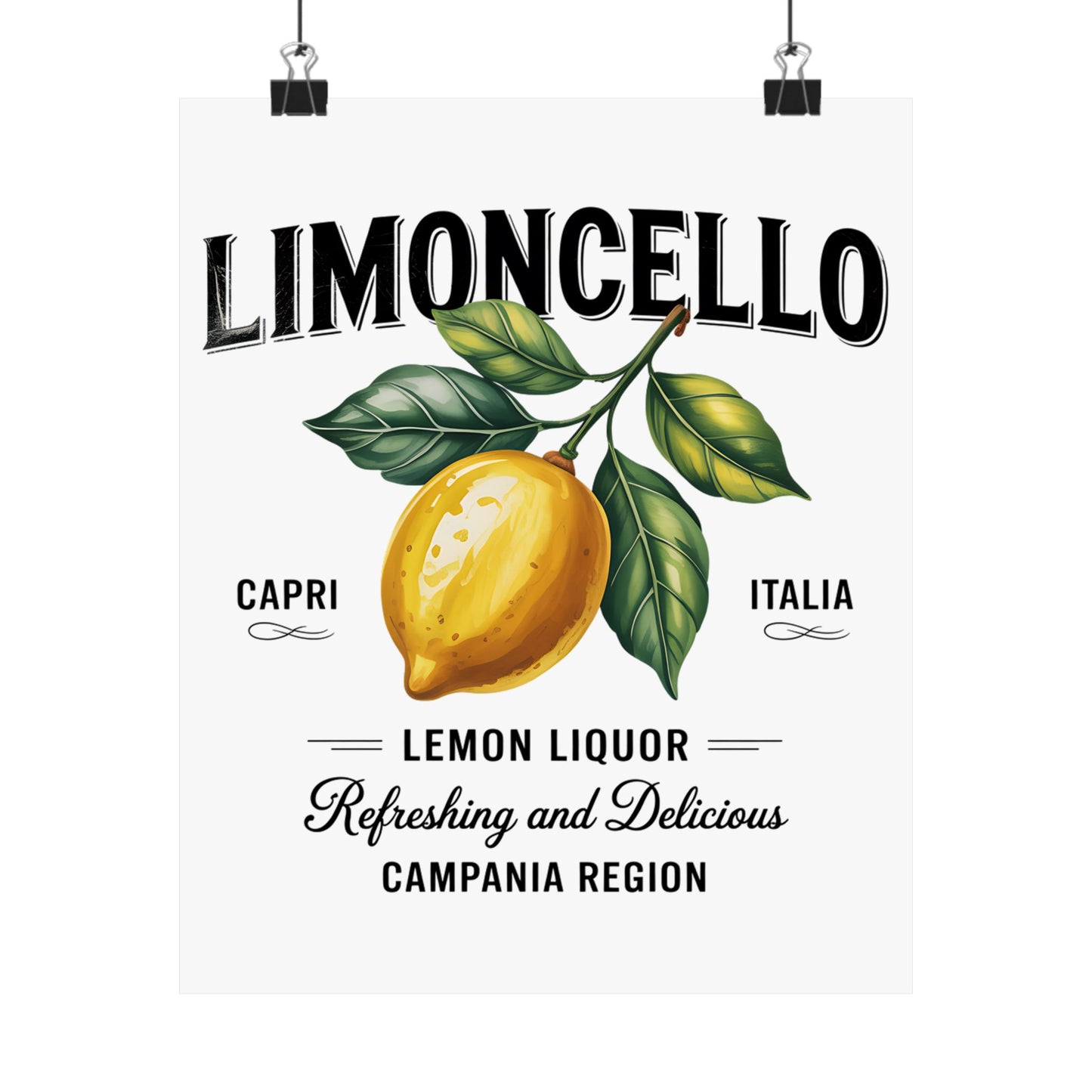 Limoncello Vintage Satin Poster featuring a vibrant illustration of a lemon, showcasing the text 'Capri', 'Italia', 'Lemon Liquor', and 'Refreshing and Delicious' as part of Italian lemon decor.