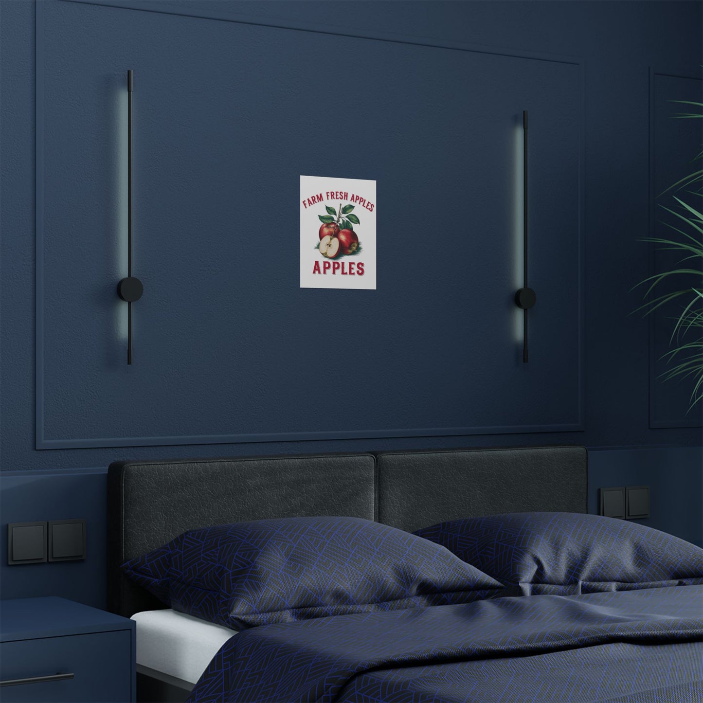 Farmhouse Kitchen Wall Art featuring the Vintage Farm Fresh Apples Satin Poster in a cozy bedroom setting, accentuated on a navy wall, ideal for farmhouse-inspired decor.