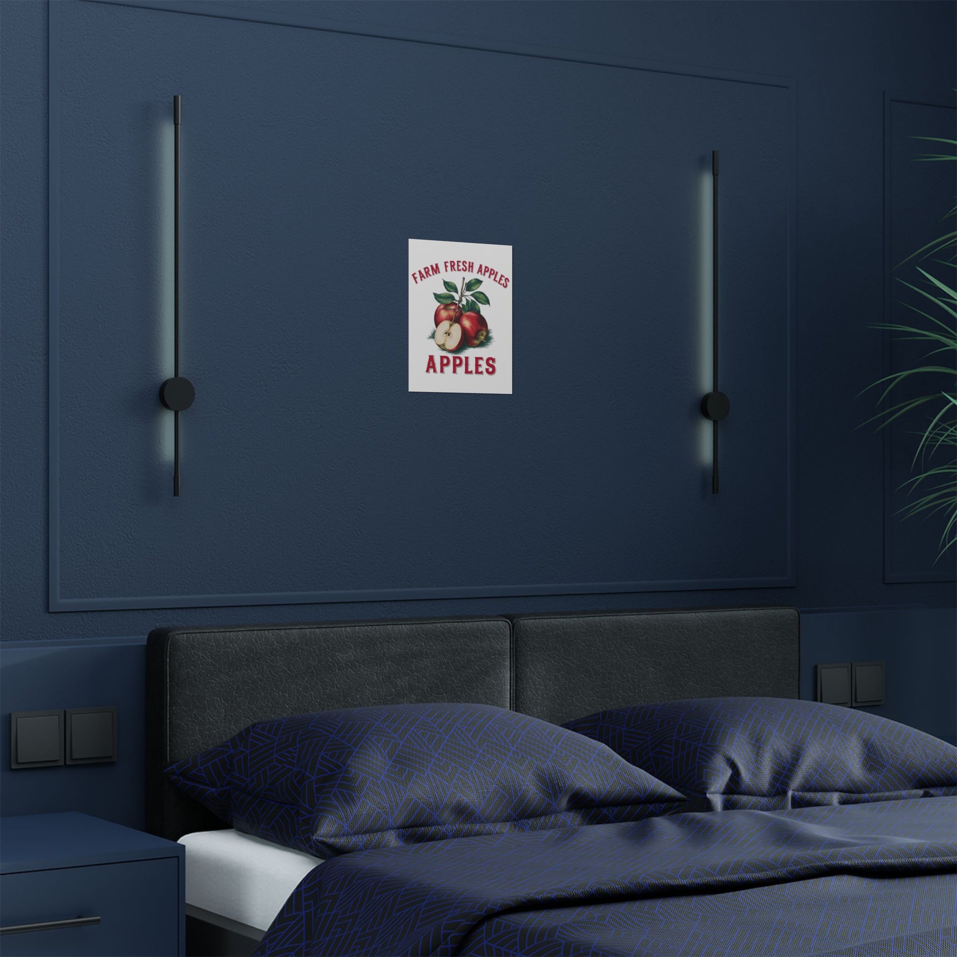 Farmhouse Kitchen Wall Art featuring the Vintage Farm Fresh Apples Satin Poster in a cozy bedroom setting, accentuated on a navy wall, ideal for farmhouse-inspired decor.