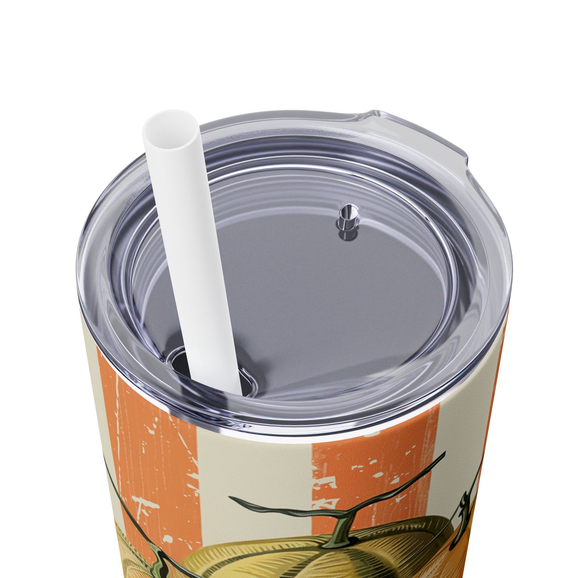 Top view of the Retro Cantaloupe Skinny Tumbler with Straw, highlighting the clear lid and straw, perfect for summer sipping.