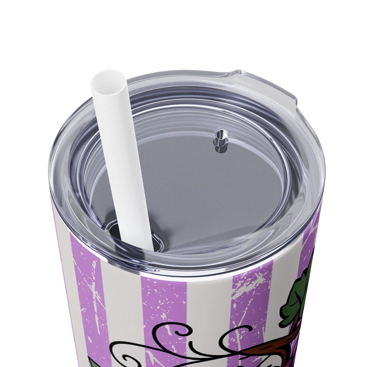 Close-up of the lid and straw of the Sweet Grape Skinny Tumbler with Straw, 20oz, highlighting the vibrant design and functionality.