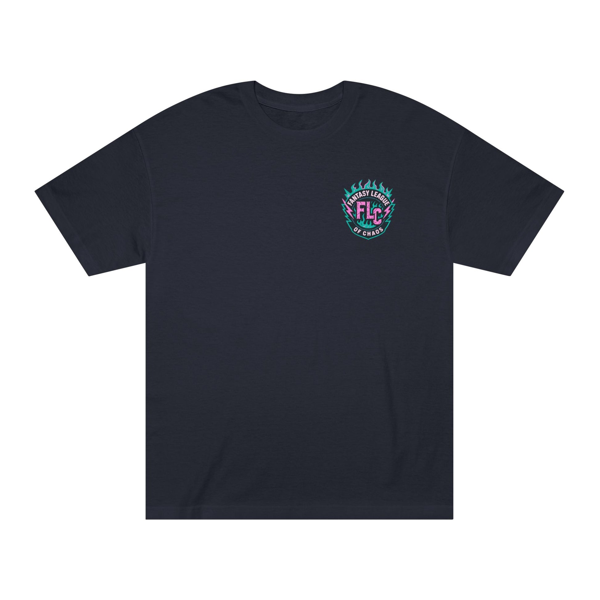 The Unisex Classic Tee features the Dripball Design with stylized flames and FLC at the center, encircled by FEEL THE COLOR in bright blue and pink—a fun, playful tee perfect for basketball fans and summer vibes.