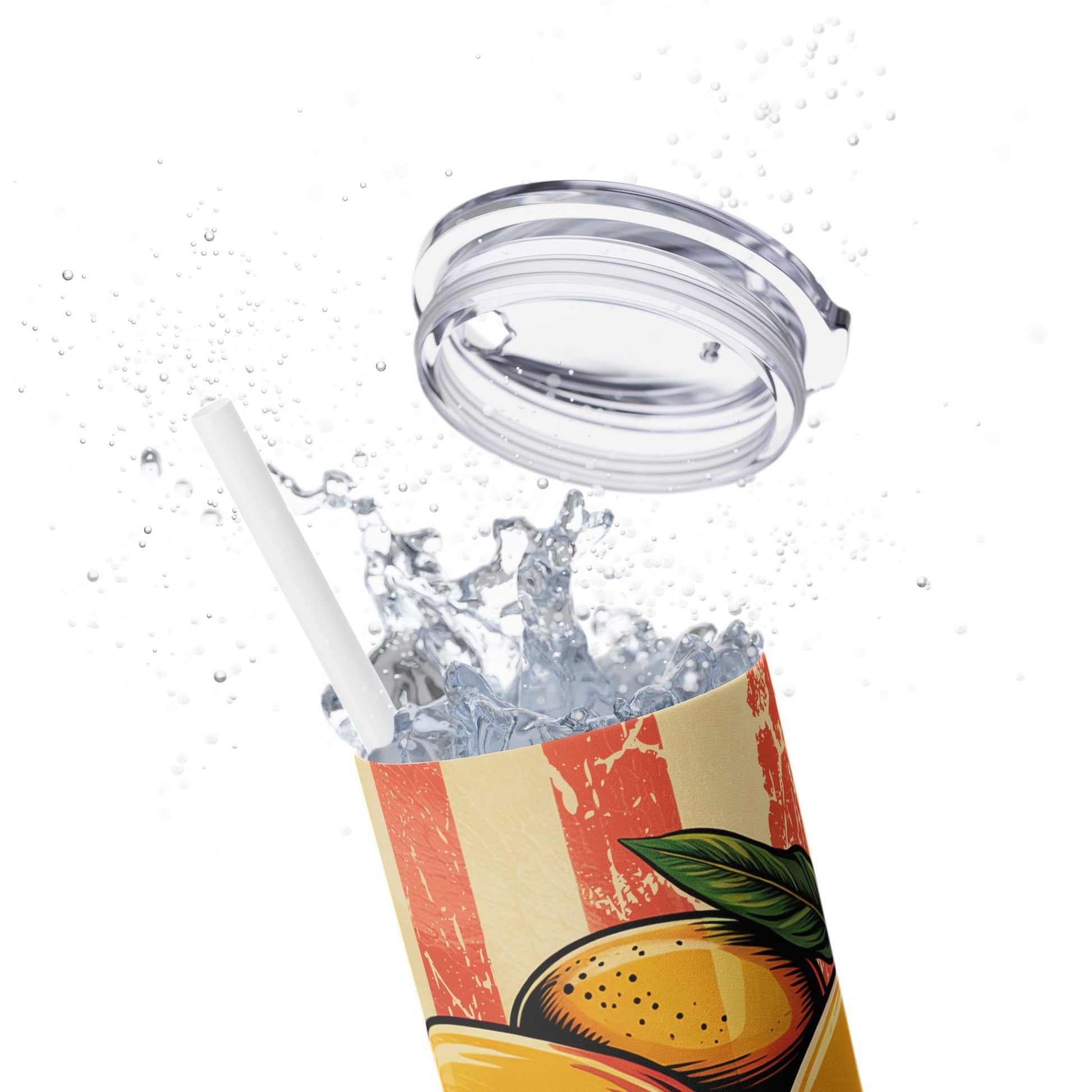 Tropical Mango Skinny Tumbler with Straw | Detailed view of the tumbler lid and straw, emphasizing the perfect summer drinkware.