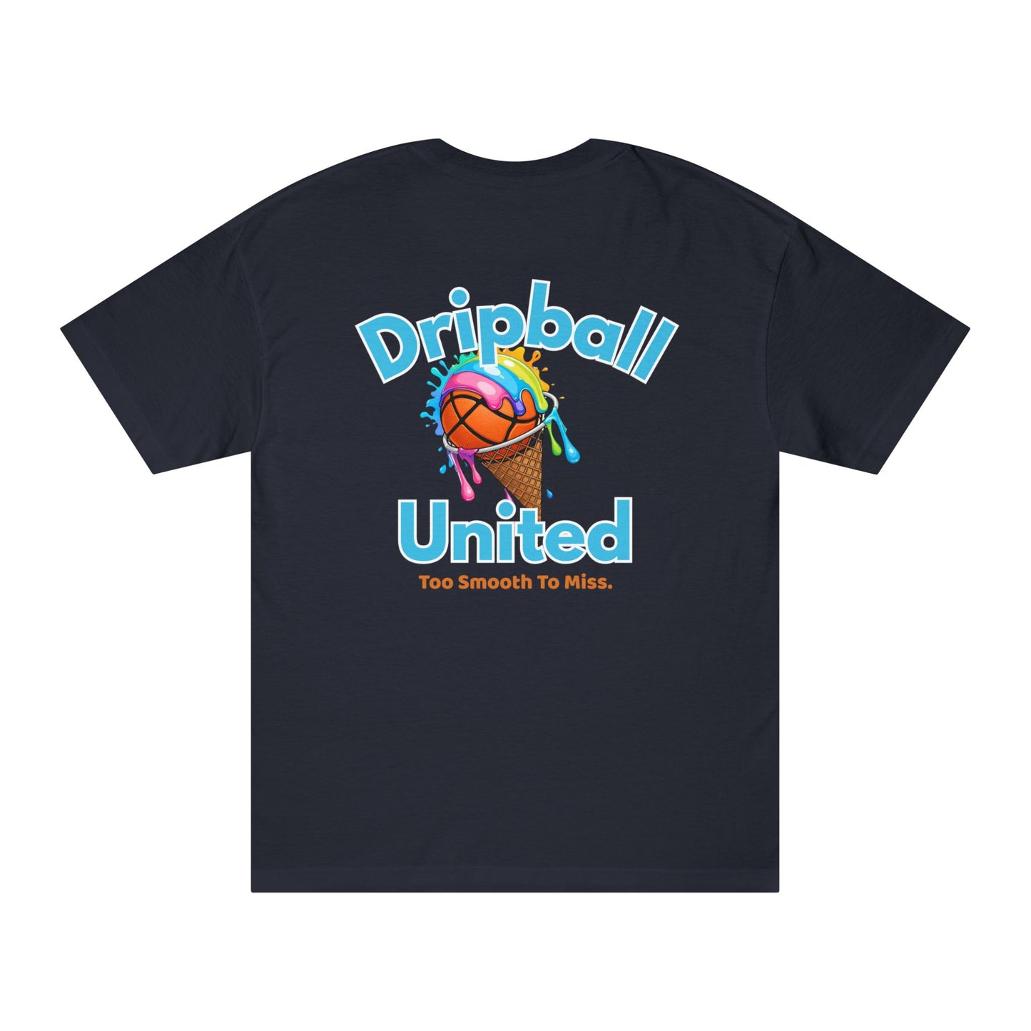 The Unisex Classic Tee by Printify features the Dripball Design—a colorful basketball melting in a waffle cone, with playful text. A fun and casual shirt perfect for basketball fans and summer vibes, or as a sporty gift.