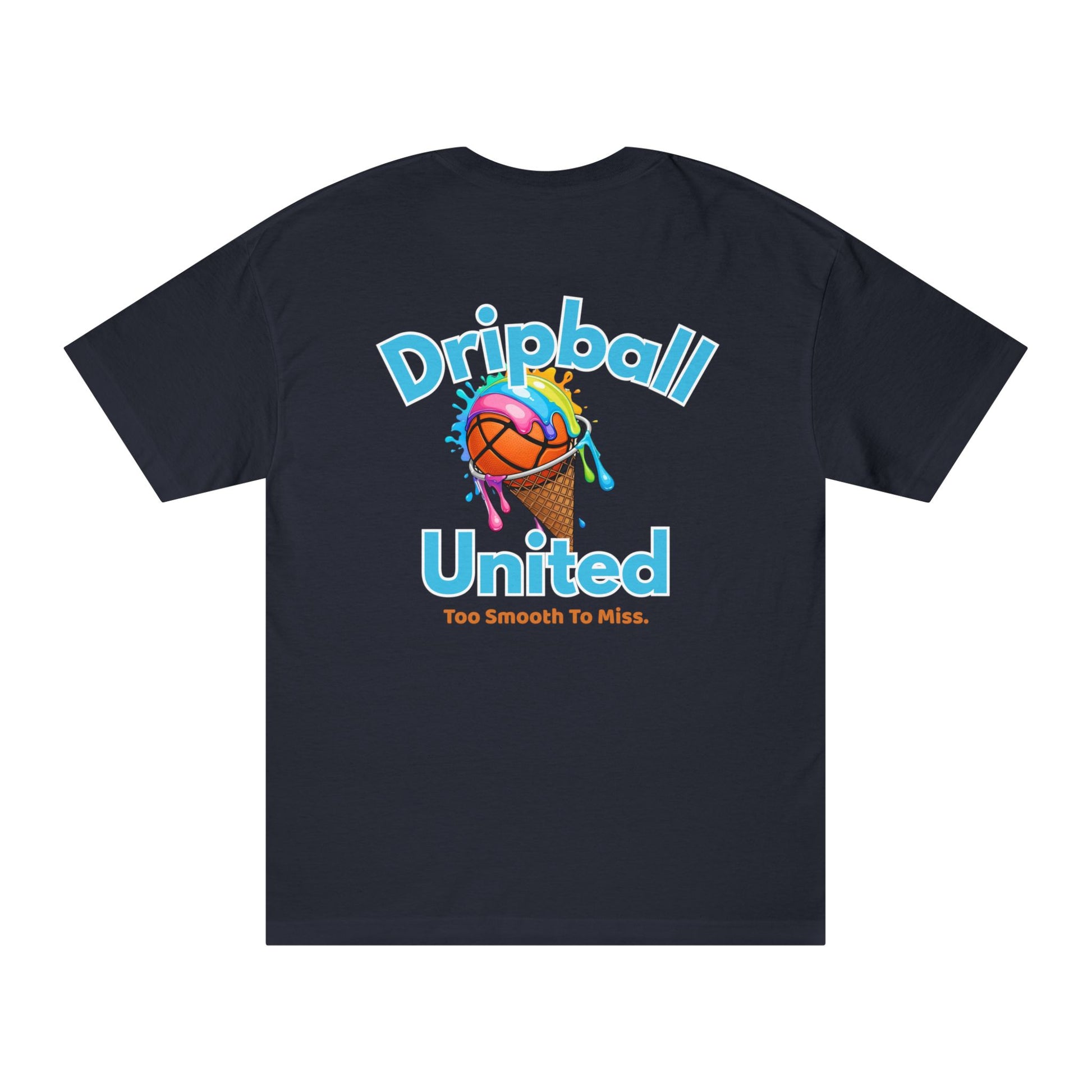 The Unisex Classic Tee by Printify features the Dripball Design—a colorful basketball melting in a waffle cone, with playful text. A fun and casual shirt perfect for basketball fans and summer vibes, or as a sporty gift.