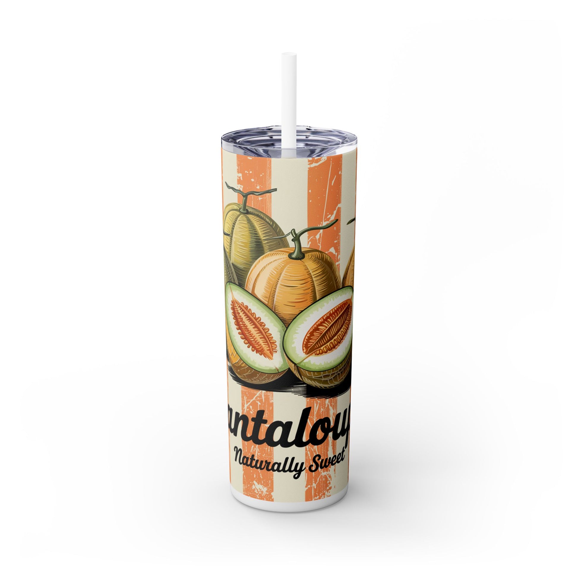 The Printify Retro Cantaloupe Skinny Tumbler with Straw (20oz) features double wall insulation, fun cantaloupe illustrations, orange stripes, and Cantaloupe Naturally Sweet text—ideal for hot or cold drinks and summer vibes.