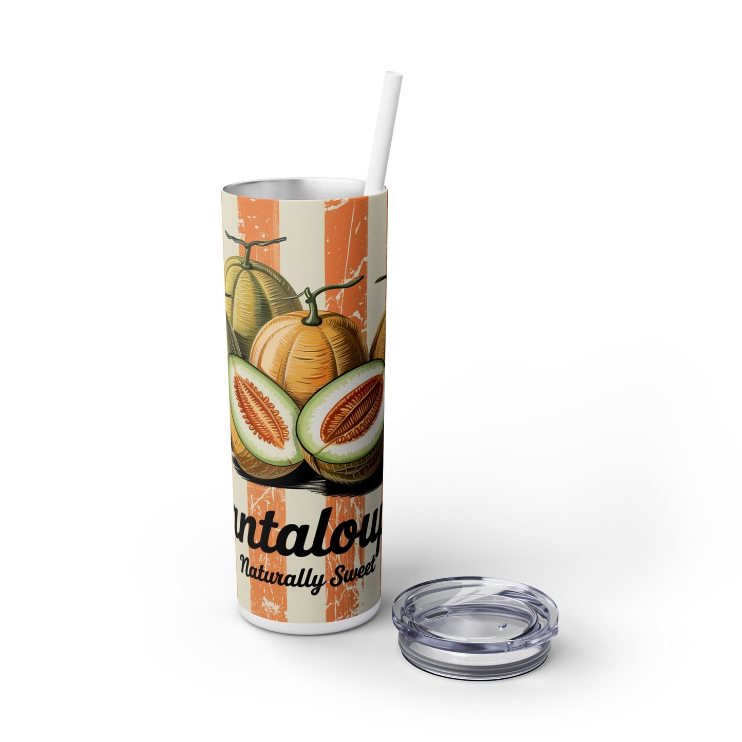 Retro Cantaloupe Skinny Tumbler with Straw shown with a lid and straw, emphasizing its practical design for on-the-go hydration.