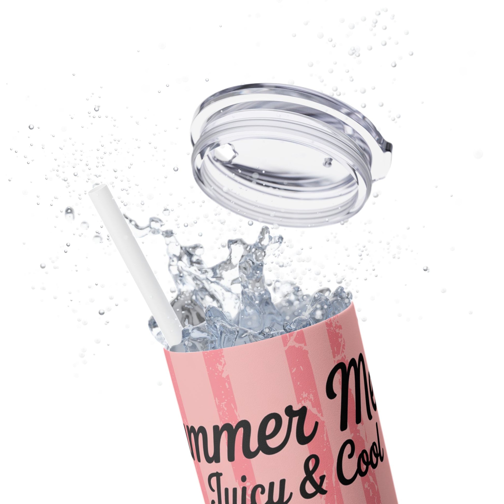 Summer Watermelon Skinny Tumbler with Straw, 20oz - dynamic scene of tumbler on a table with greenery, showcasing the perfect summer drinkware tumbler.