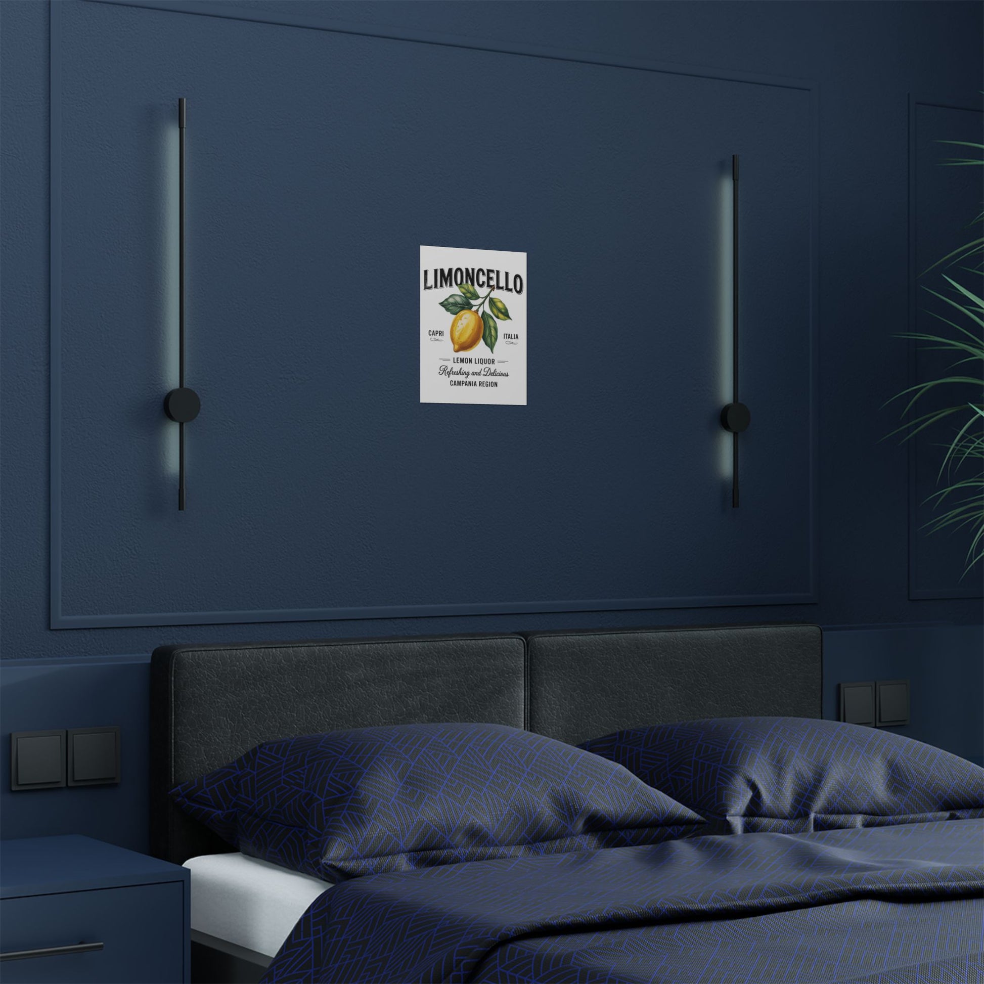 Modern bedroom setting with a Limoncello Vintage Satin Poster on a blue wall, perfect for adding Italian lemon decor to enhance the space.