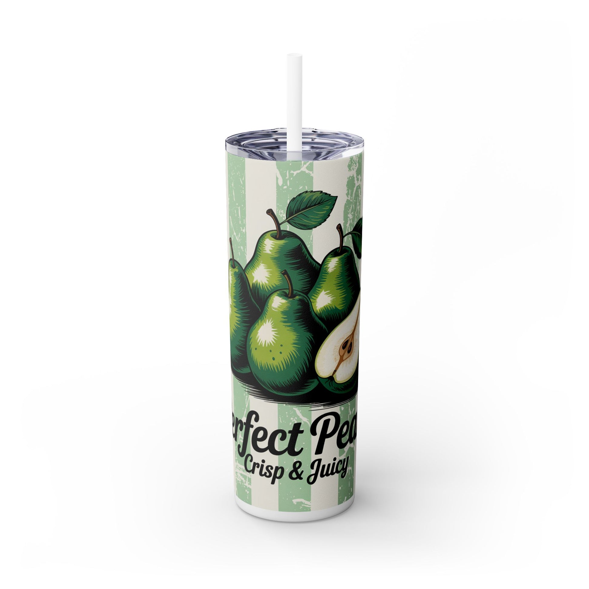 The Printify 20oz Perfect Pear Skinny Tumbler with Straw showcases green pear art and “Perfect Pears Crisp & Juicy” on a vintage light green background. This eco-friendly, double-wall insulated drinkware keeps beverages fresh in style.