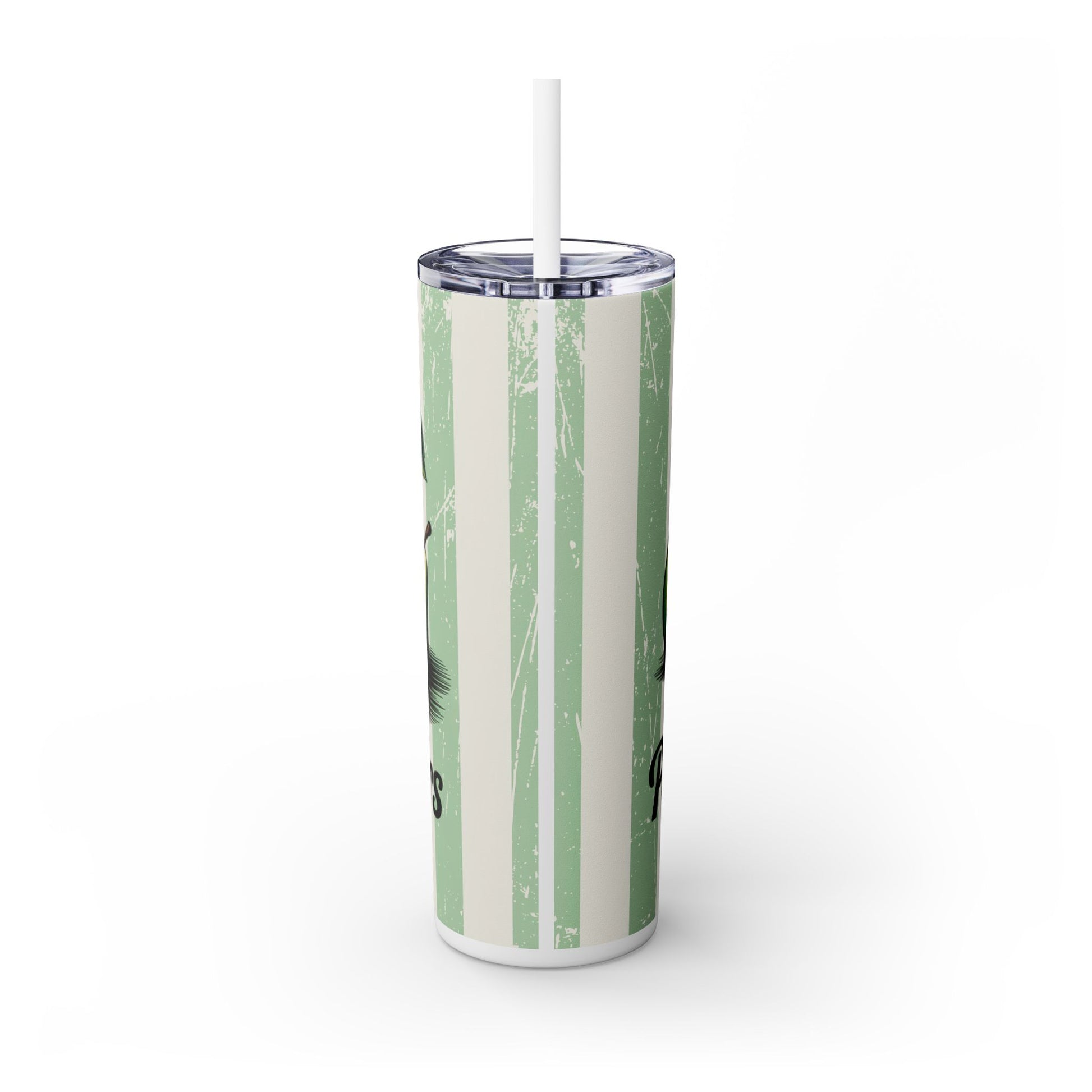 Another view of the 20Oz Perfect Pear Skinny Tumbler with Straw featuring playful design elements, ideal for vacation drinkware essentials.
