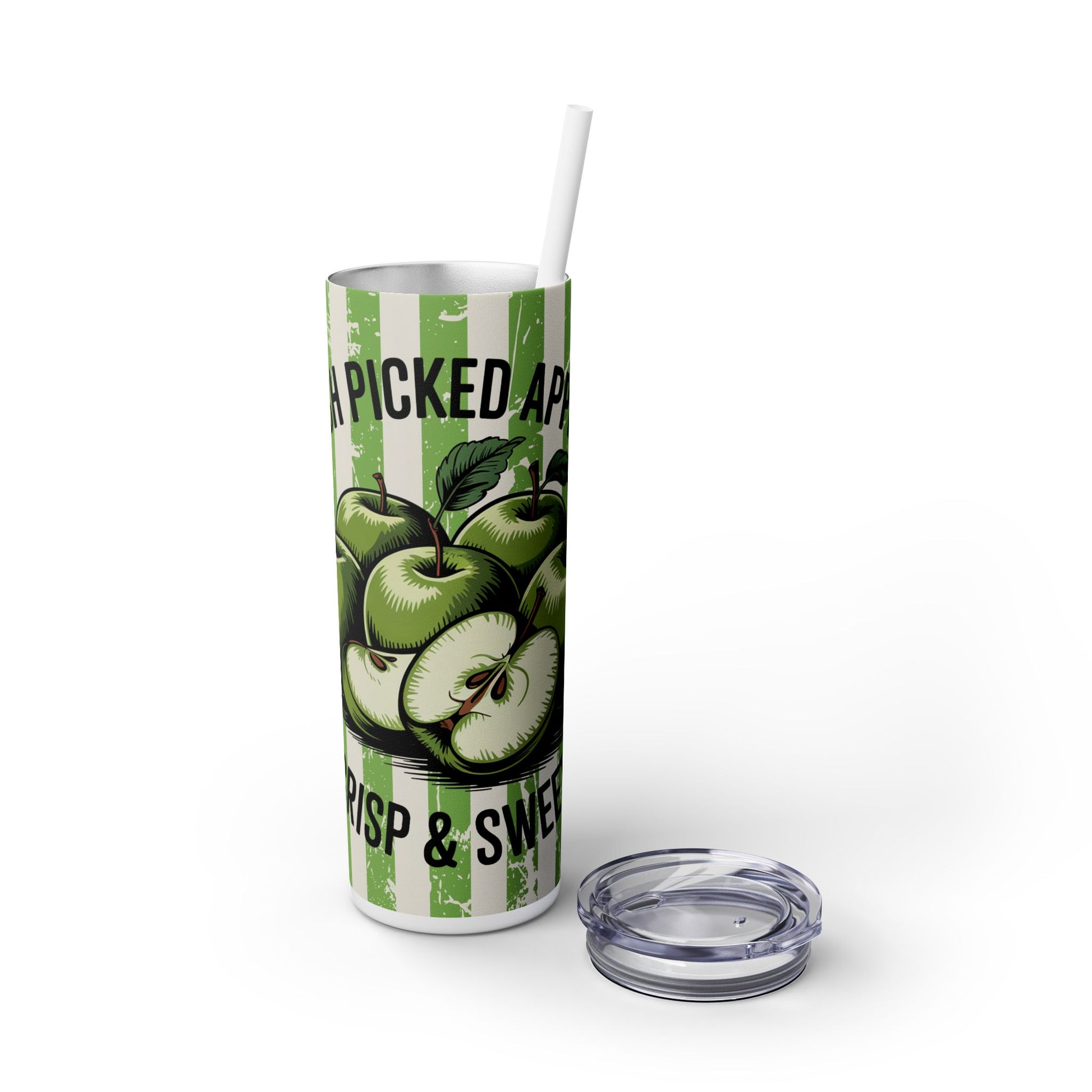 Close-up of a 20oz stainless steel tumbler with straw and removable lid, featuring a Crisp Apple design. A perfect eco-friendly choice for stylish hydration.
