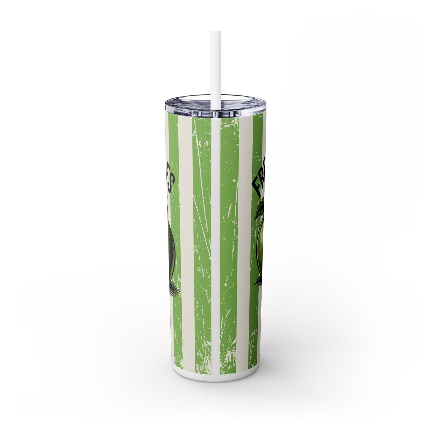 Side view of a 20oz stainless steel tumbler with straw in Crisp Apple design. Green stripes and apples add a fun touch, ideal for chilly fall outings.