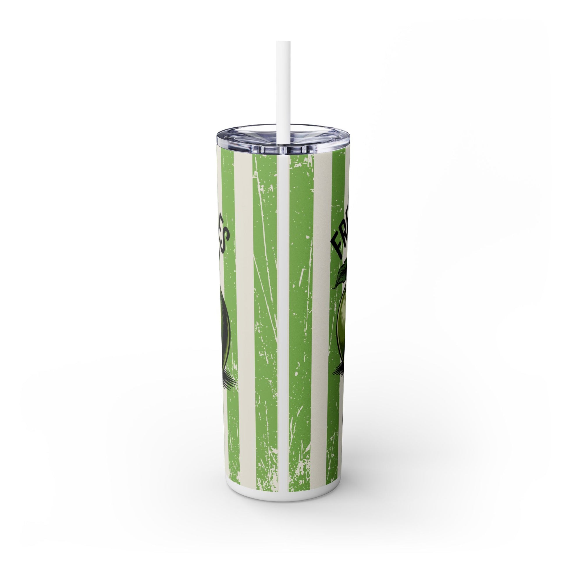 Side view of a 20oz stainless steel tumbler with straw in Crisp Apple design. Green stripes and apples add a fun touch, ideal for chilly fall outings.