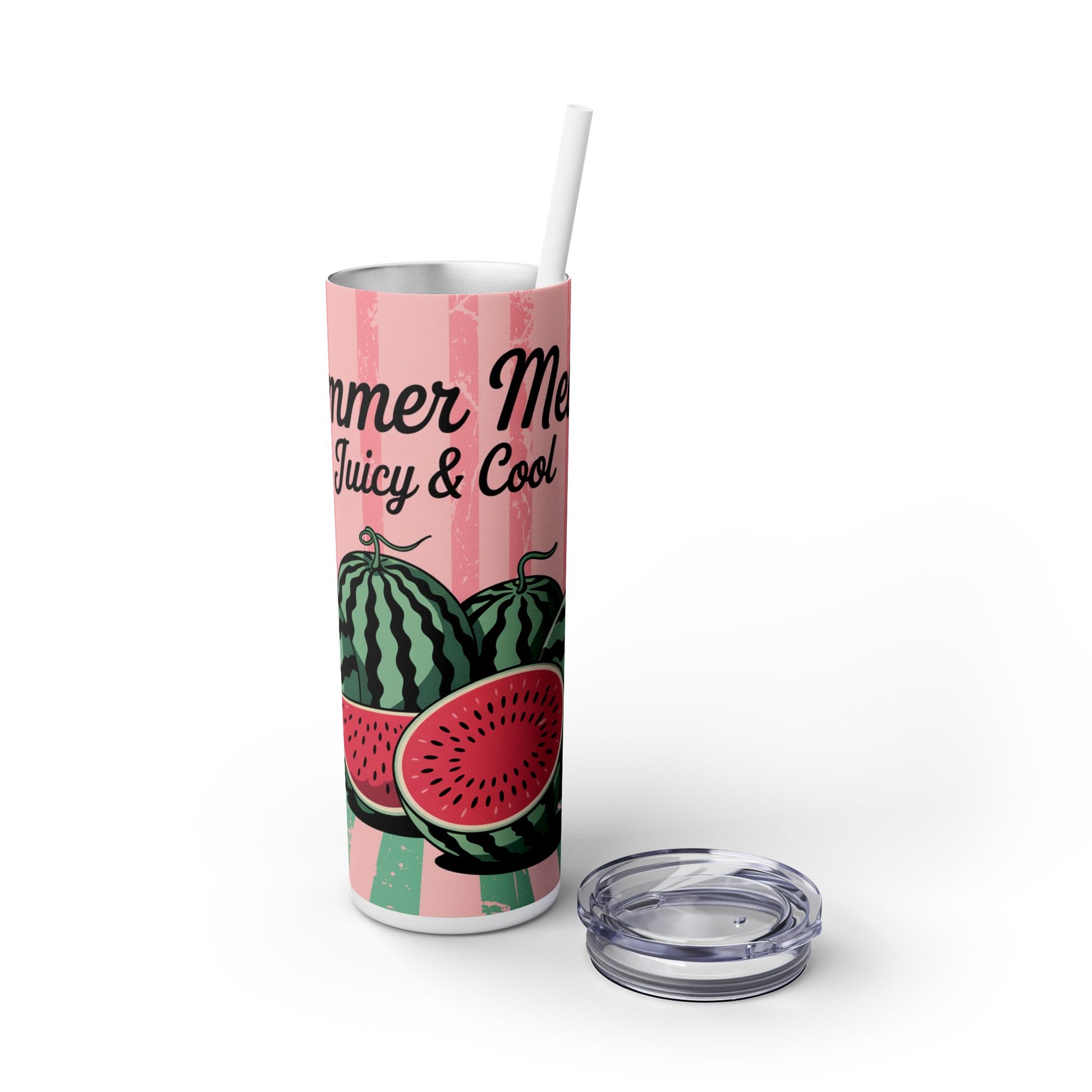 Summer Watermelon Skinny Tumbler with straw, 20oz - open lid view showing the straw, a trendy summer drinkware tumbler for keeping drinks cool.