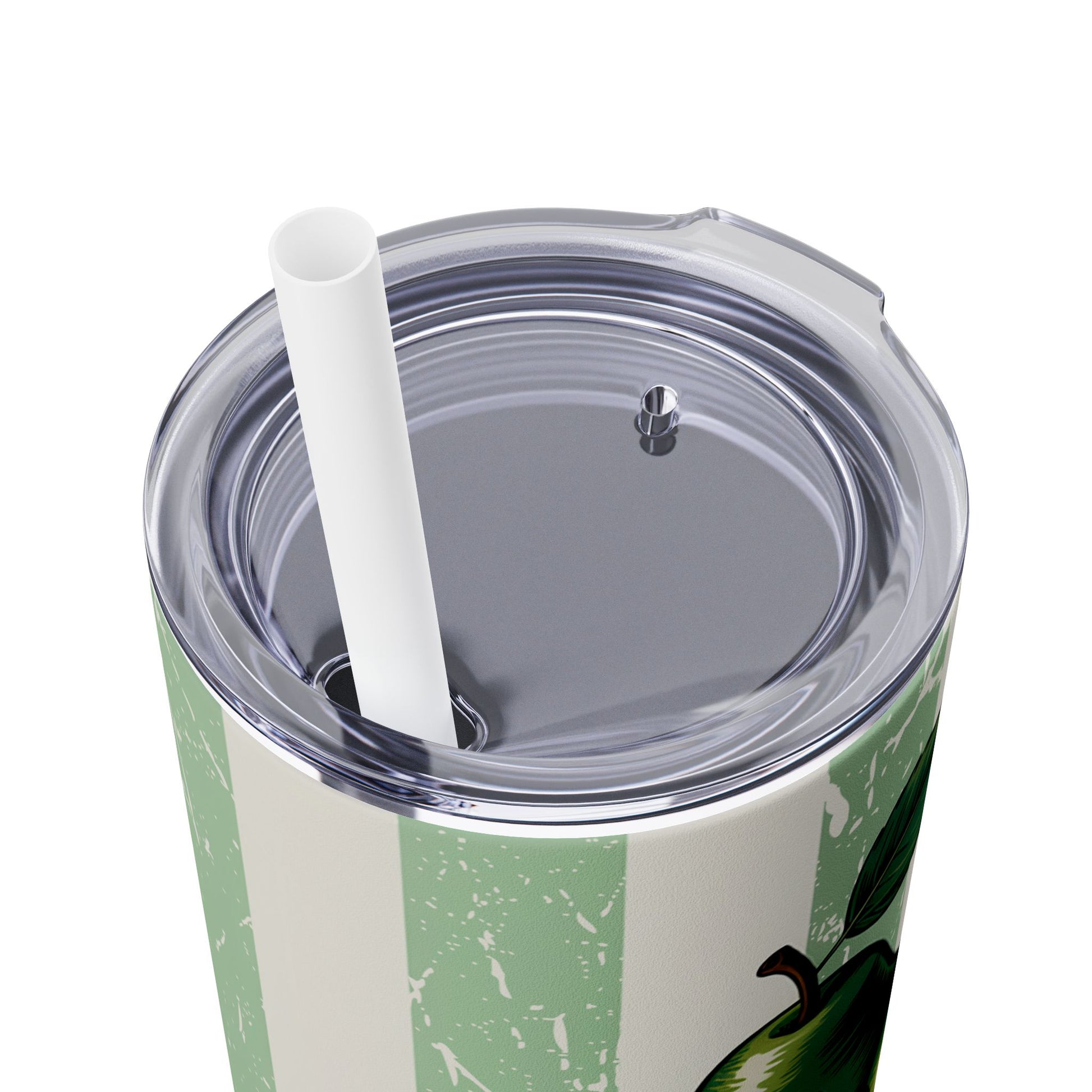 An overhead view of the 20Oz Perfect Pear Skinny Tumbler with Straw, highlighting its practicality for vacation drinkware essentials.