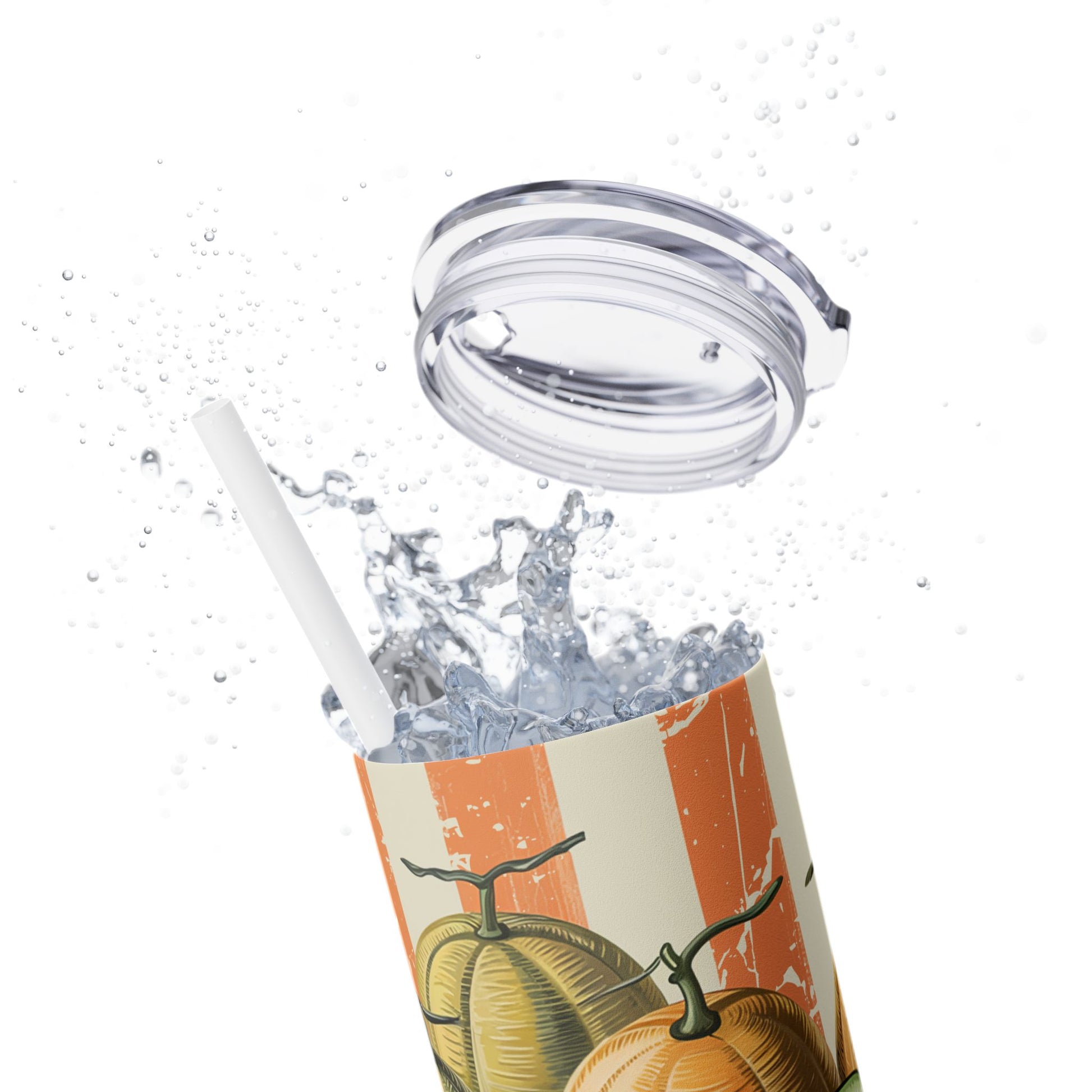 Dynamic shot of the Retro Cantaloupe Skinny Tumbler with Straw splashing water, illustrating its use in fun, refreshing summer experiences.