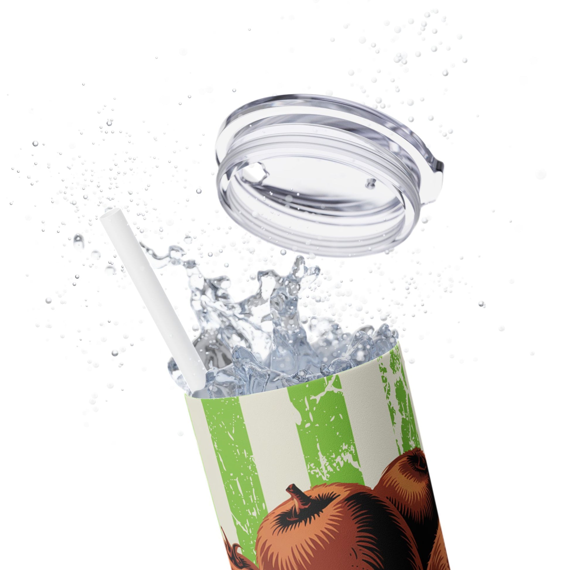 Tropical Kiwi Skinny Tumbler, 20oz - Fun beverage container in use, with splashing water, showcasing the vibrant kiwi design.