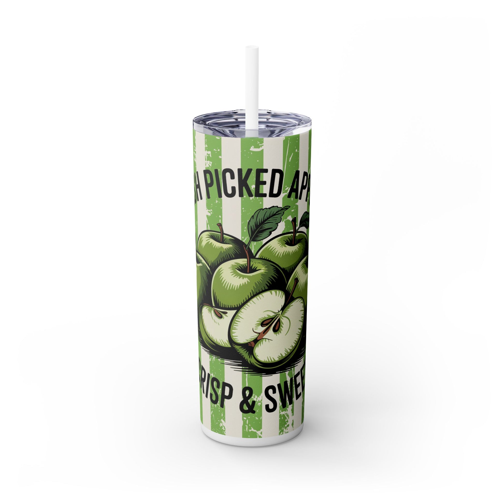 The 20oz Stainless Steel Tumbler with Straw by Printify features a Crisp Apple design, Hand Picked Apples text, green and white stripes, and double wall insulation to keep drinks at the perfect temperature. Eco-friendly and ideal for fall.