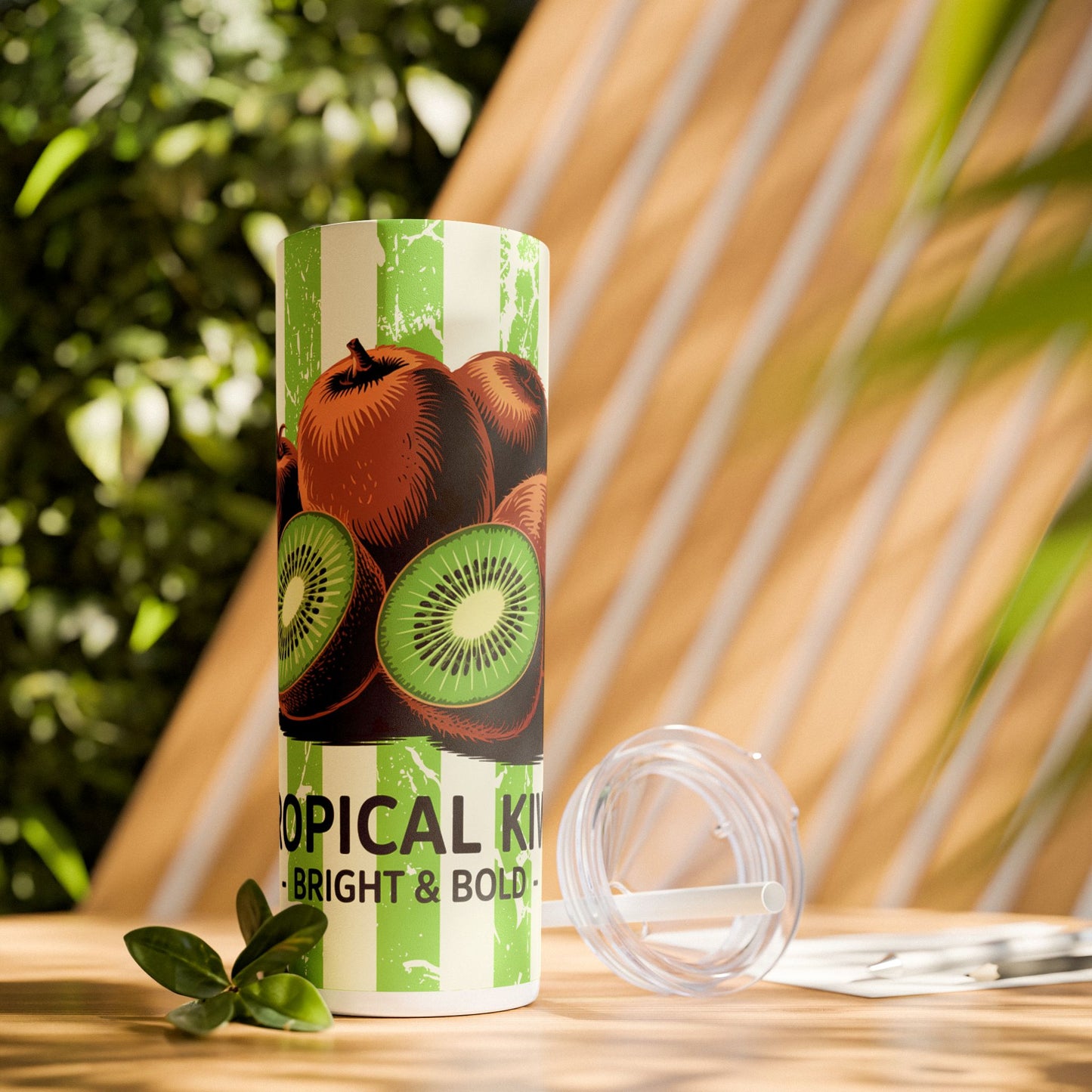 Tropical Kiwi Skinny Tumbler, 20oz - Stylish tumbler displayed outdoors, a fun beverage container perfect for summer relaxation.