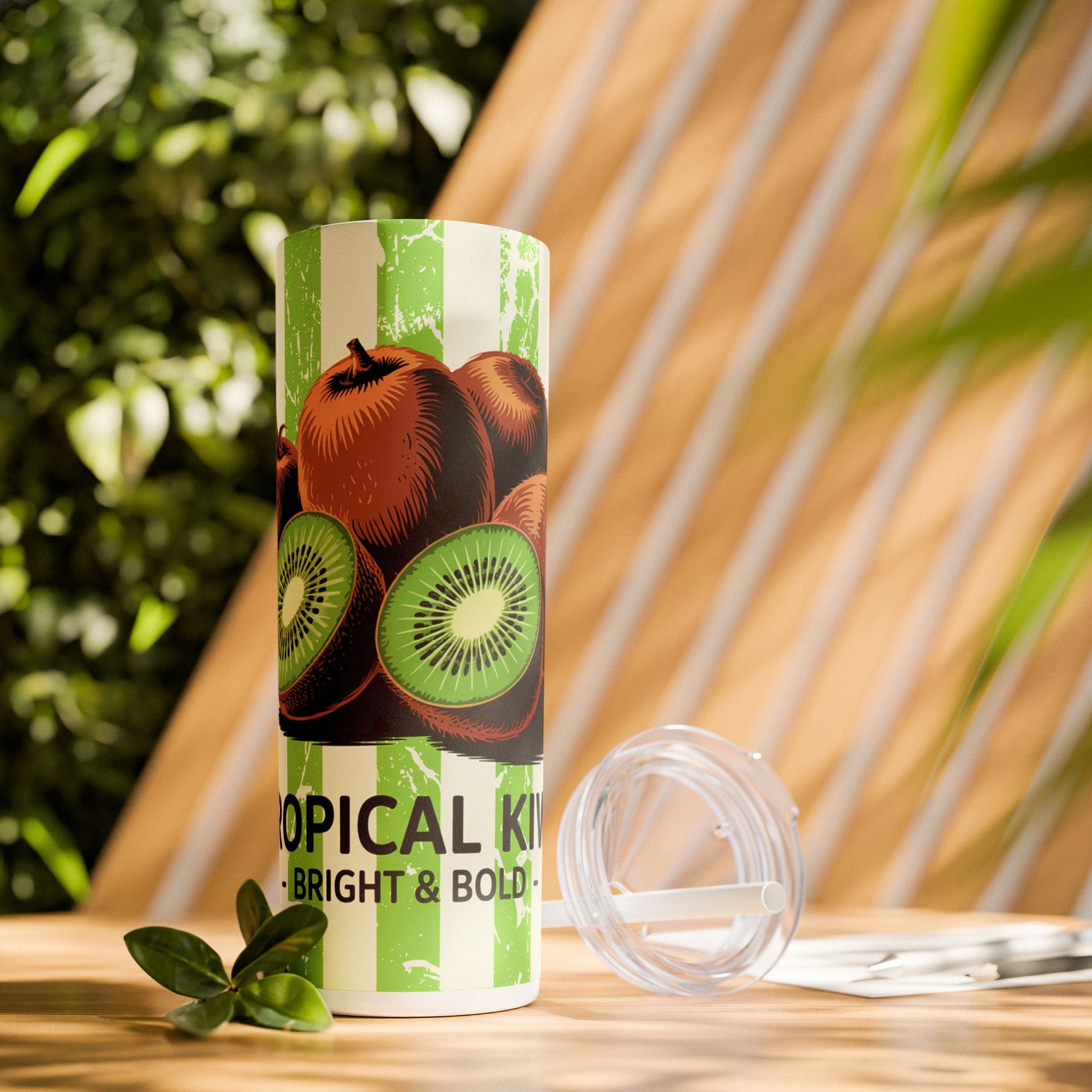 Tropical Kiwi Skinny Tumbler, 20oz - Stylish tumbler displayed outdoors, a fun beverage container perfect for summer relaxation.