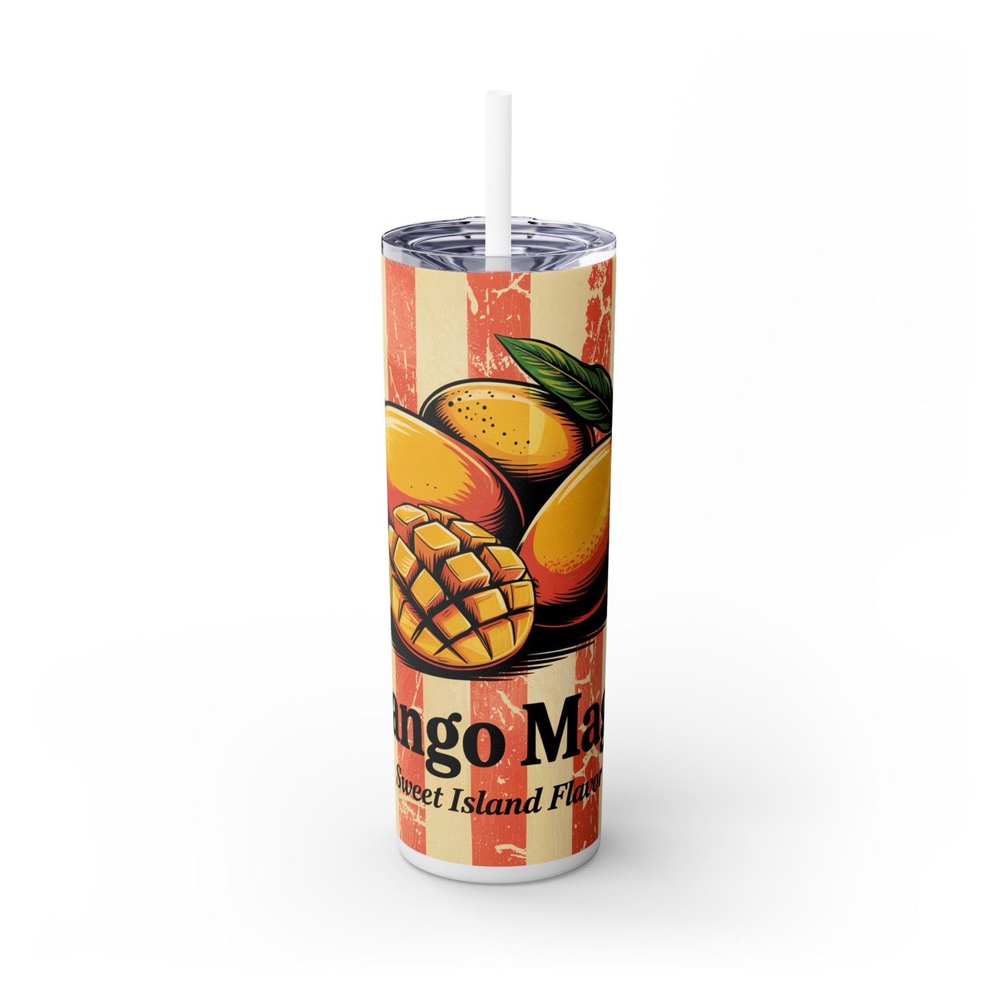 The Tropical Mango Skinny Tumbler With Straw by Printify features mangoes and leaves on a striped, vintage-style background. This 20oz double-wall insulated drinkware keeps drinks cool—perfect for summer!.