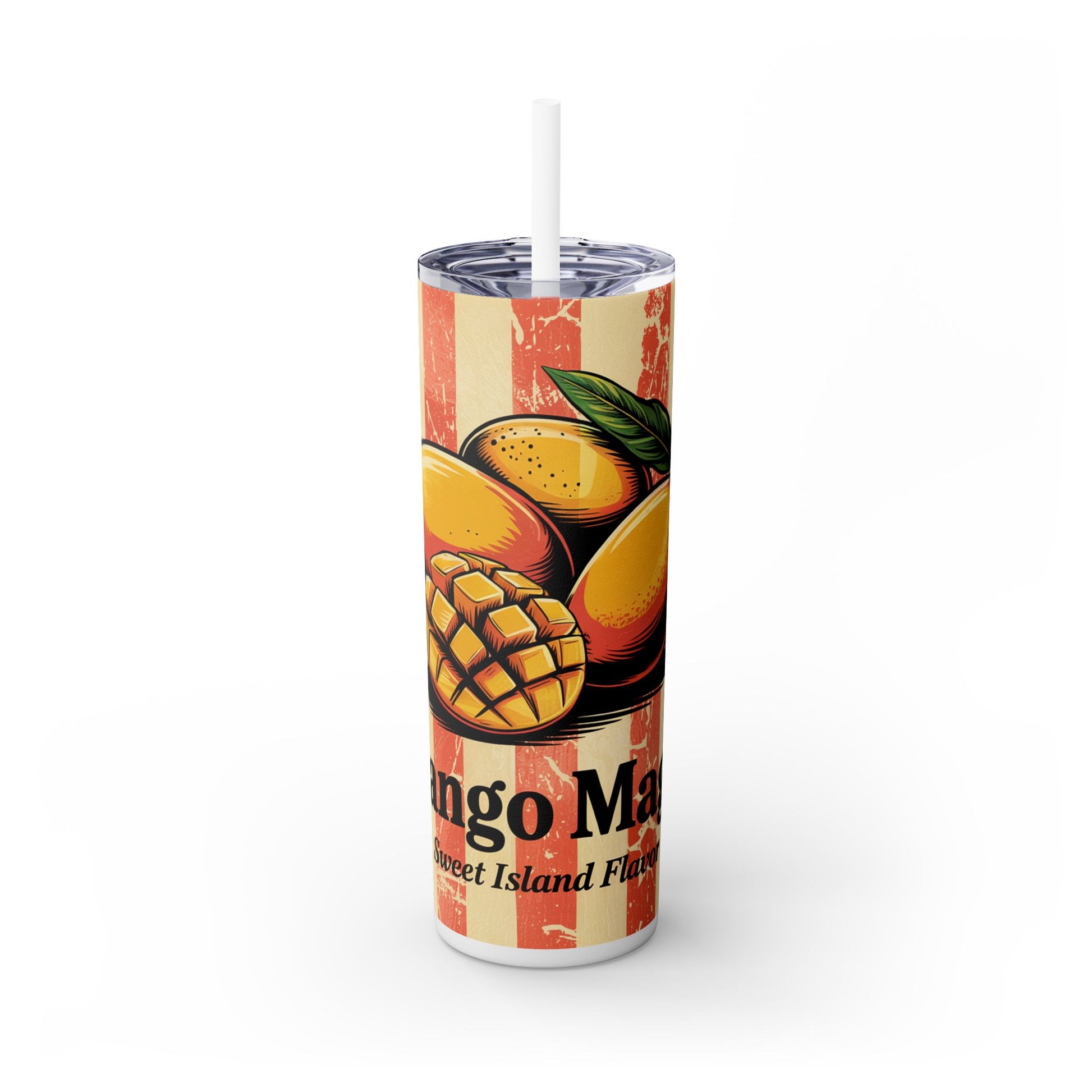 The Tropical Mango Skinny Tumbler With Straw by Printify features mangoes and leaves on a striped, vintage-style background. This 20oz double-wall insulated drinkware keeps drinks cool—perfect for summer!.