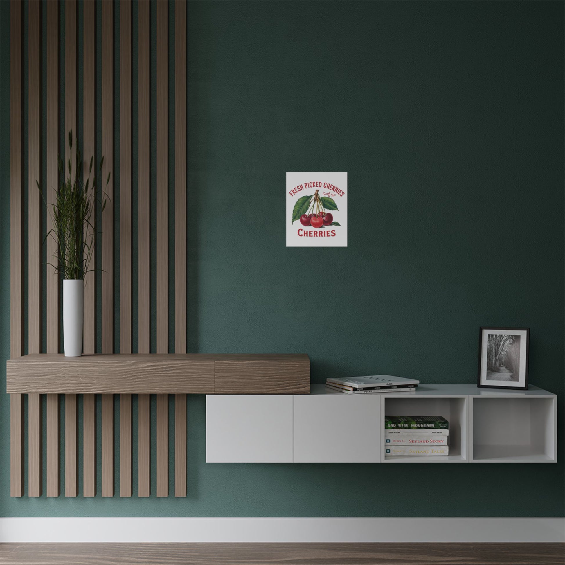 Fresh Picked Cherries Satin Poster displayed in a modern kitchen setting. Ideal vintage kitchen poster decor for adding charm to your home.