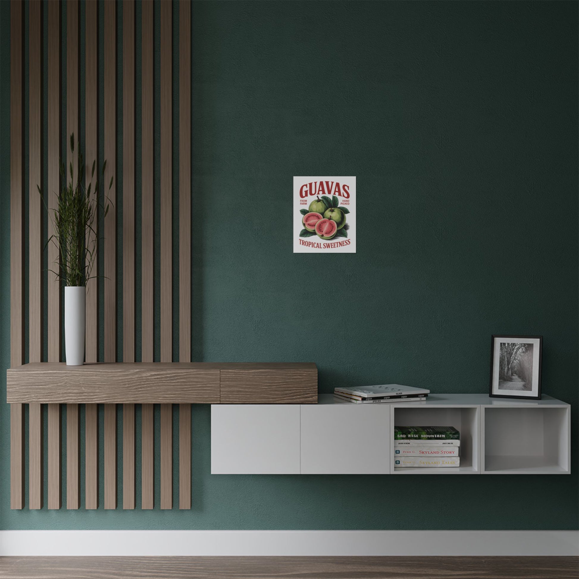 Vintage Fruit Satin Poster of guavas displayed in a stylish living room, an ideal vintage fruit art print to enhance your home decor.