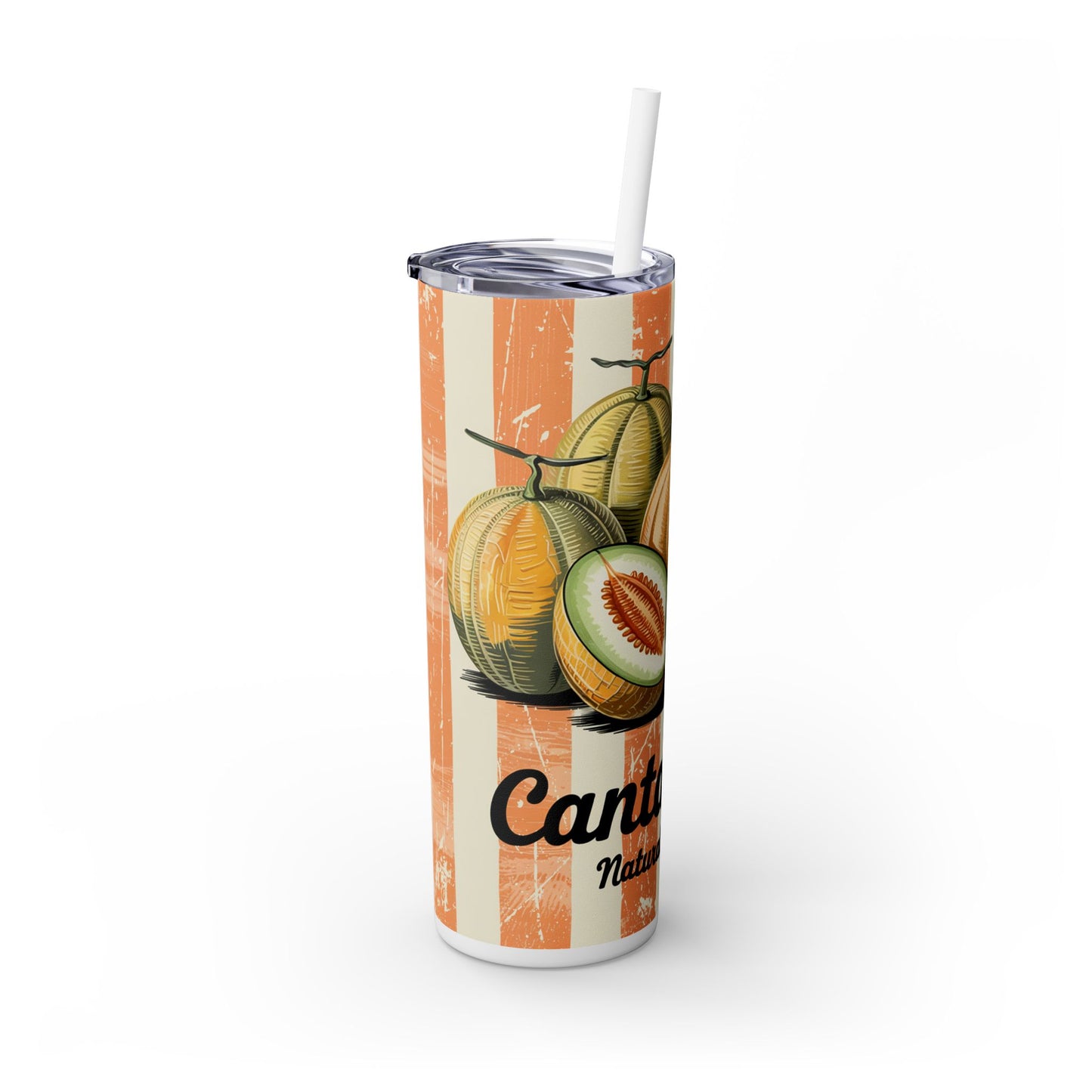 Retro Cantaloupe Skinny Tumbler with Straw featuring a playful design with cantaloupes, perfect for summer drinks, highlighting its fun and vibrant style.
