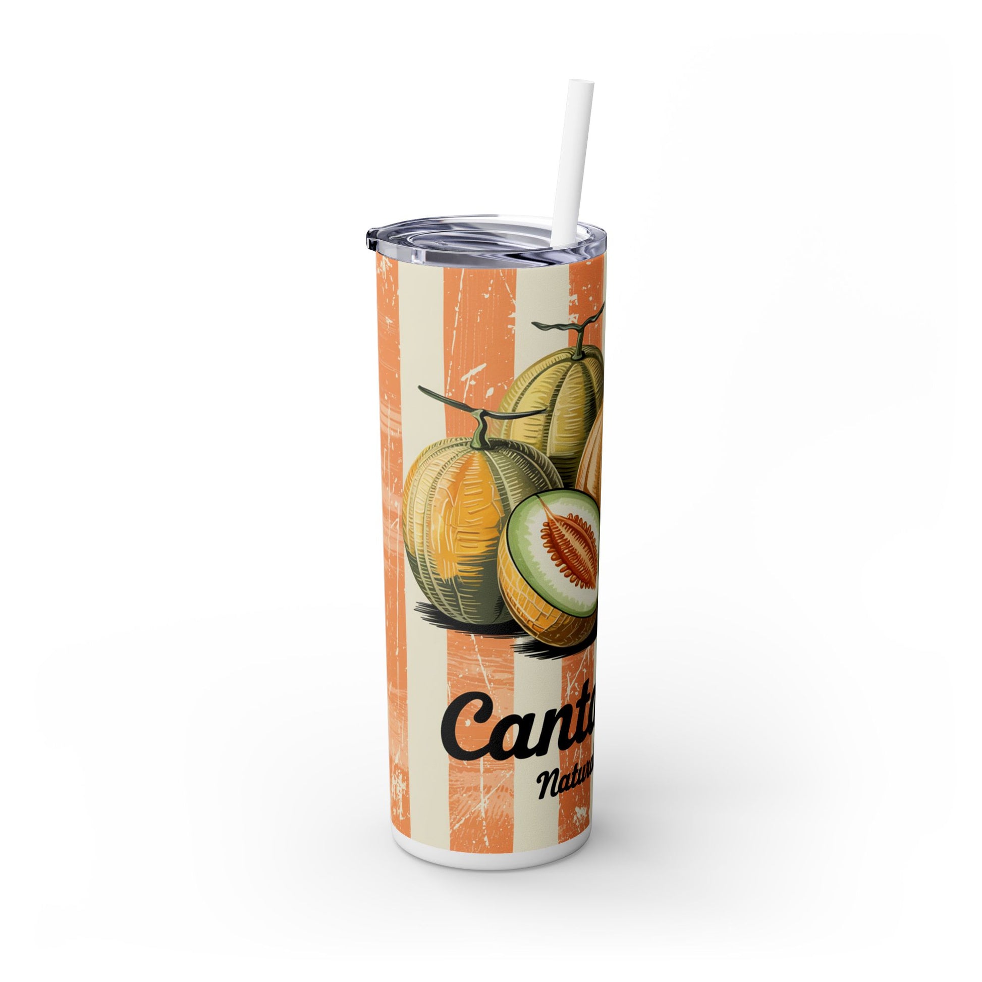 Retro Cantaloupe Skinny Tumbler with Straw featuring a playful design with cantaloupes, perfect for summer drinks, highlighting its fun and vibrant style.