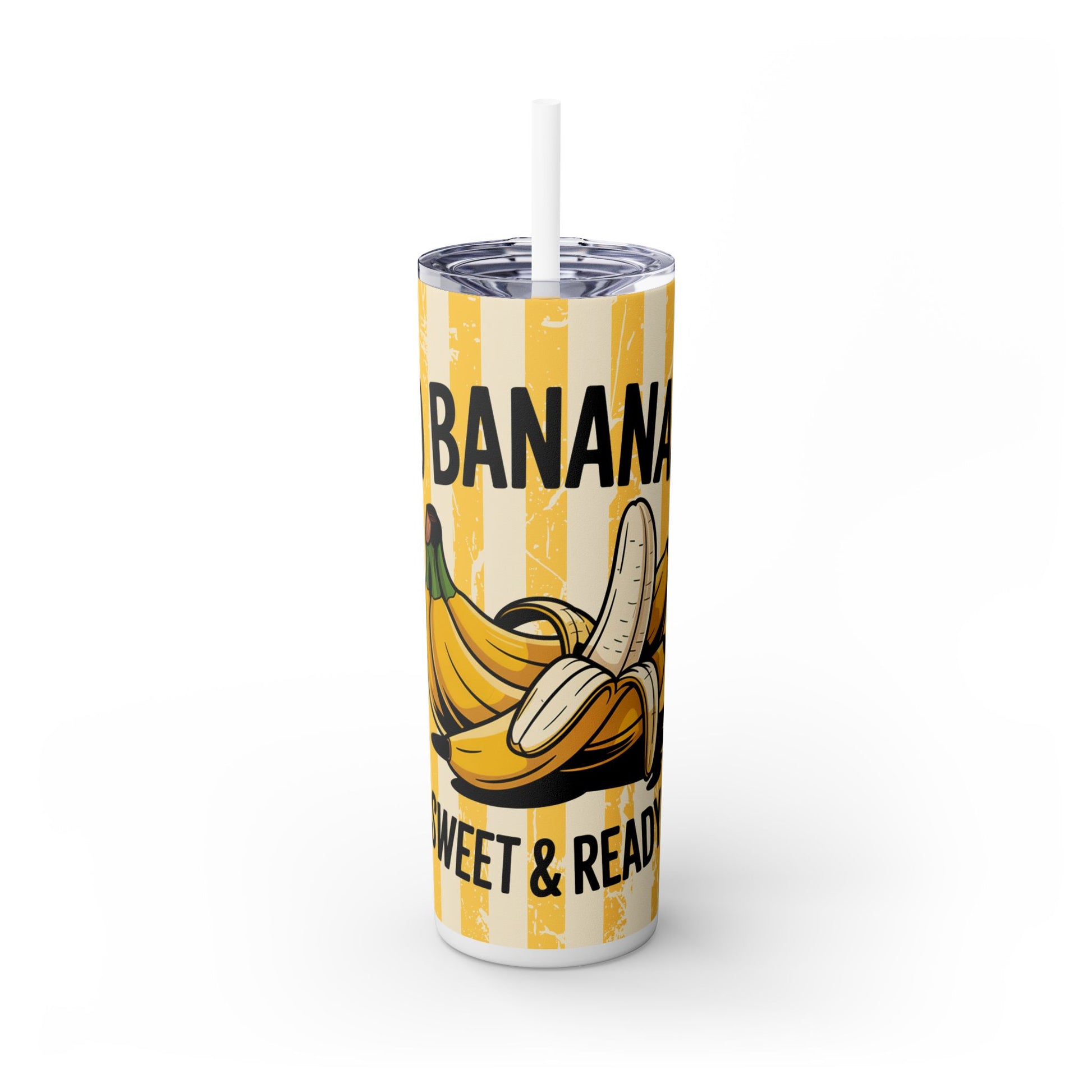 Banana Lovers Eco-Friendly 20oz Skinny Tumbler features yellow and white stripes, bananas, and BANANA & SWEET & READY text—a perfect pick for eco-conscious smoothie or juice fans.