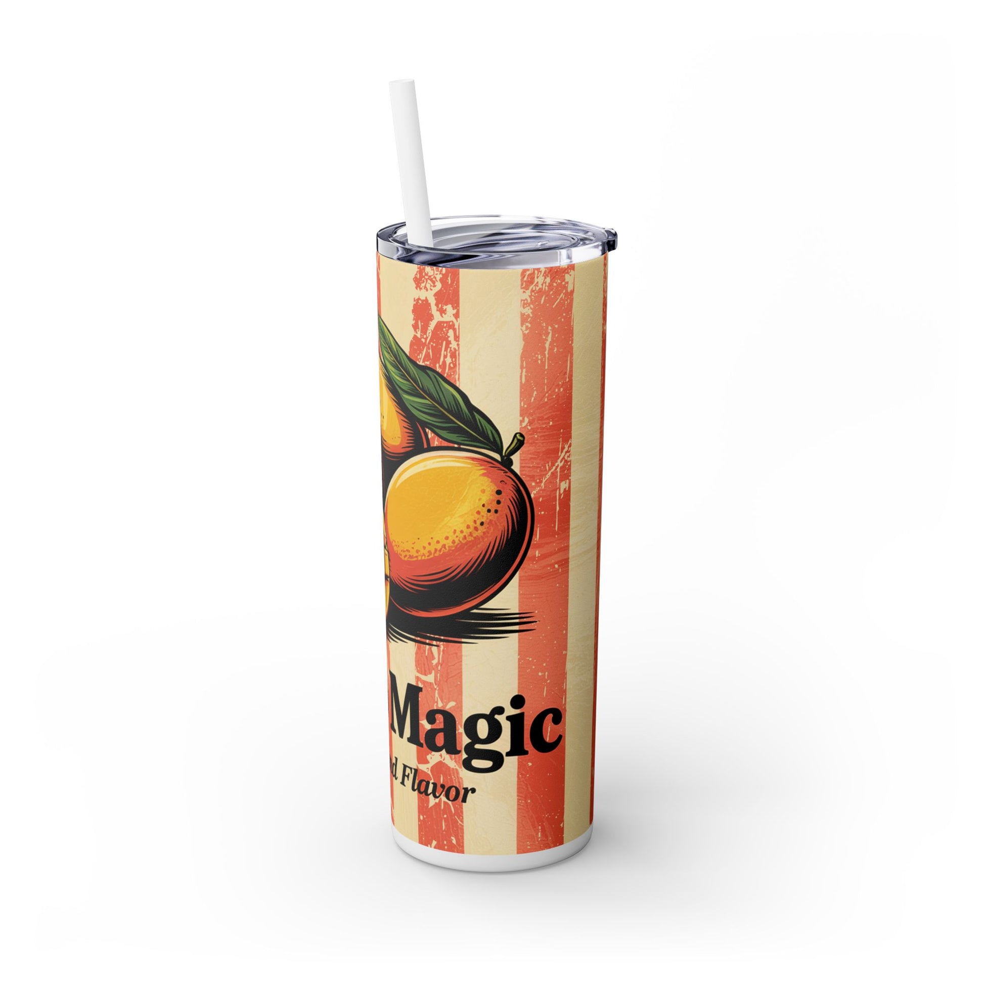 Tropical Mango Skinny Tumbler with Straw | Stylish tumbler displaying vibrant mango artwork, suited for both hot and cold beverages.