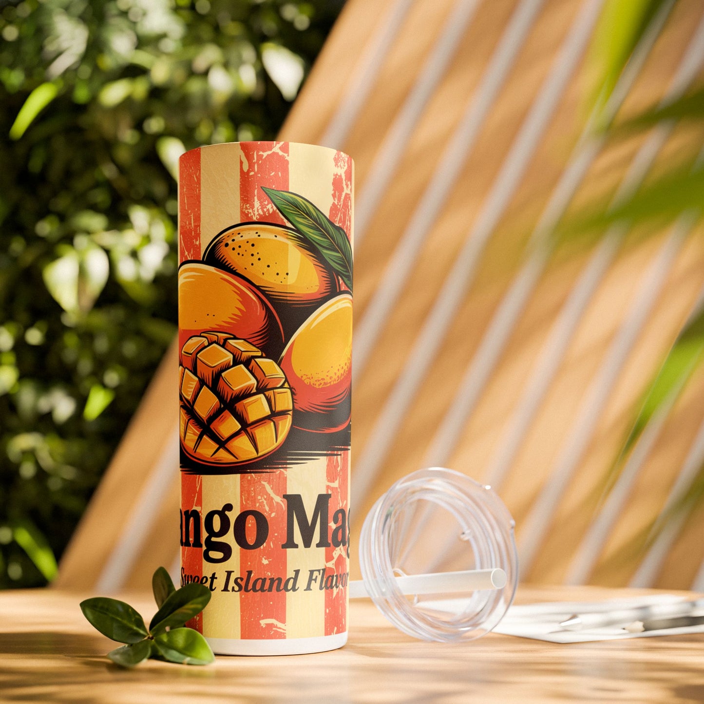 Tropical Mango Skinny Tumbler with Straw | Dynamic image of tumbler surrounded by splashes of water, symbolizing hydration on a hot day.