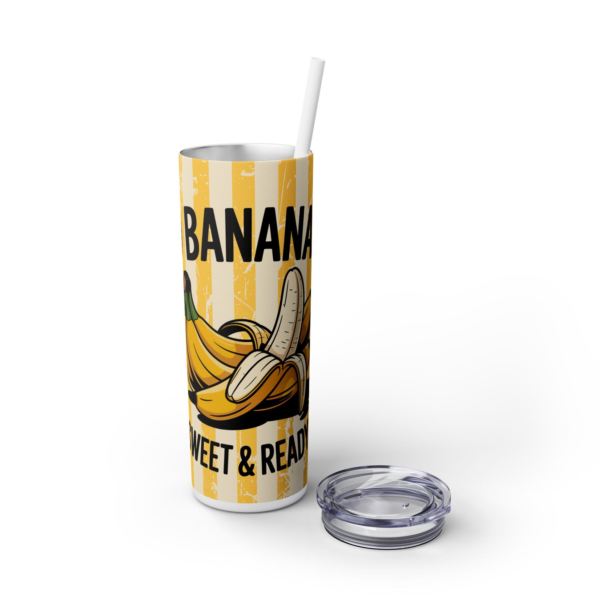 The Banana Lover's Eco-Friendly Drinkware 20oz Skinny Tumbler with vibrant banana art and the phrase 'Banana Sweet & Ready' for a chic hydration experience.
