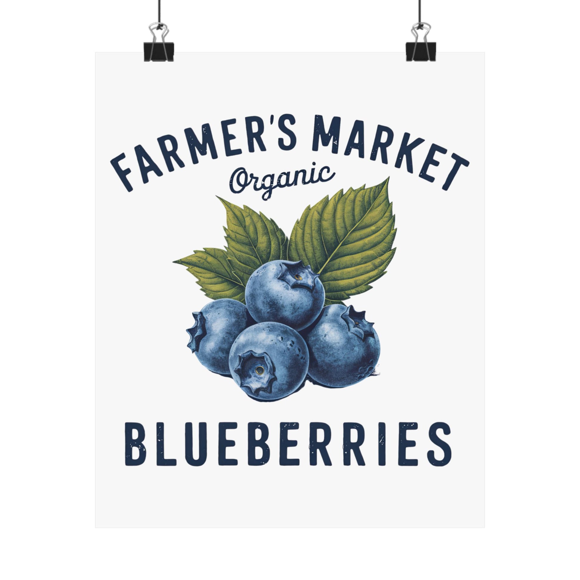 Organic Blueberries Satin Poster, featuring vibrant blueberries and green leaves, perfect for farmhouse decor and kitchen walls. Ideal farmhouse poster prints.