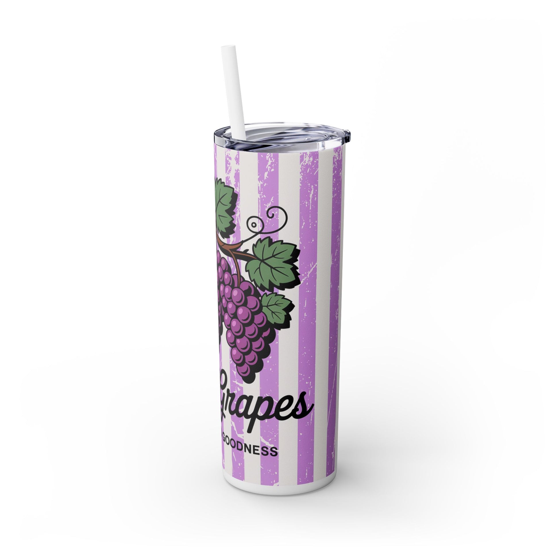 Sweet Grape Skinny Tumbler with Straw, 20oz highlighting a close-up of the vibrant grape artwork, great for enjoying summer beverages on the go.