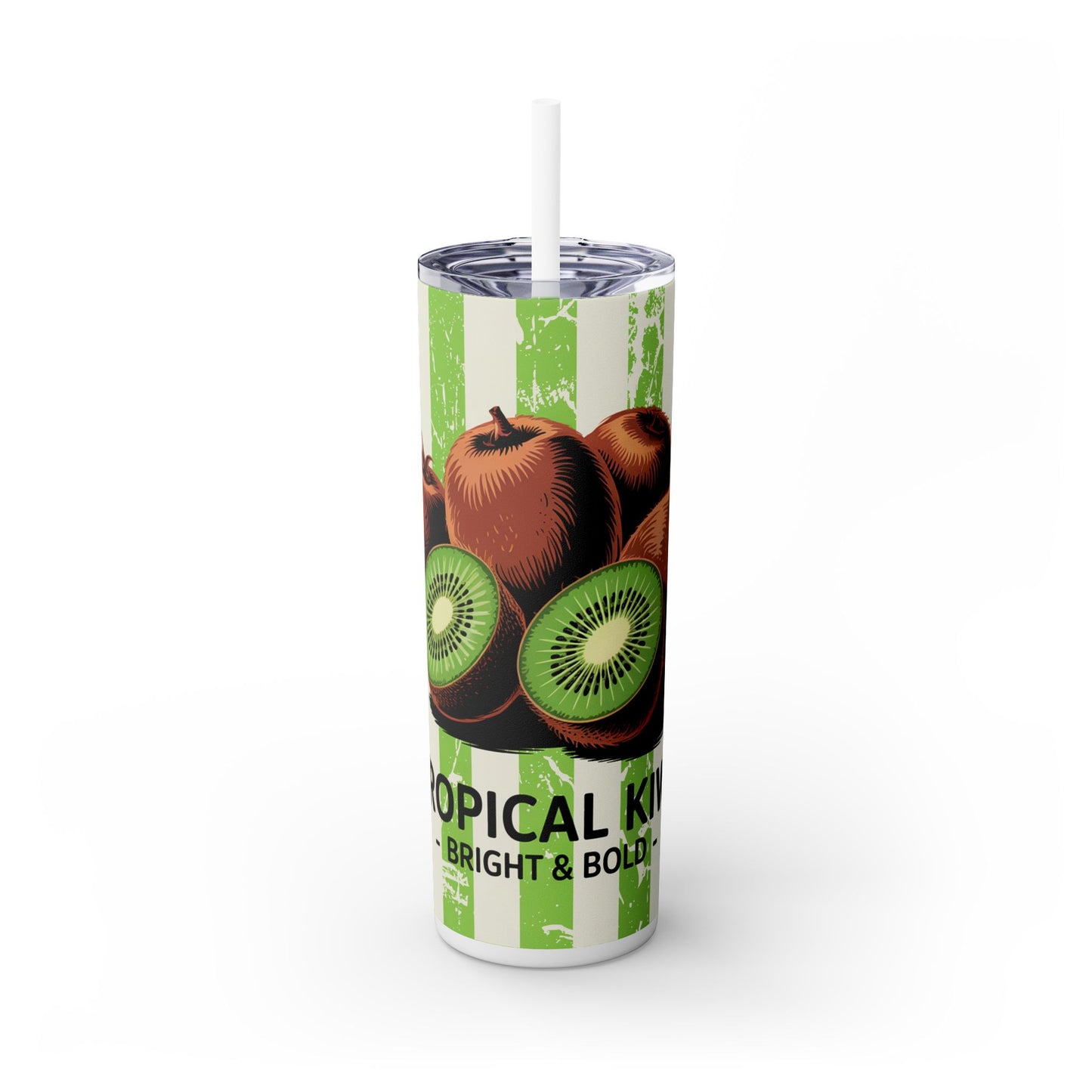 Tropical Kiwi Skinny Tumbler, 20oz, is a BPA-free stainless steel travel mug with double wall insulation, illustrated kiwis on green and white stripes, and Tropical Kiwi Bright & Bold text. Eco-friendly summer drinkware gift.