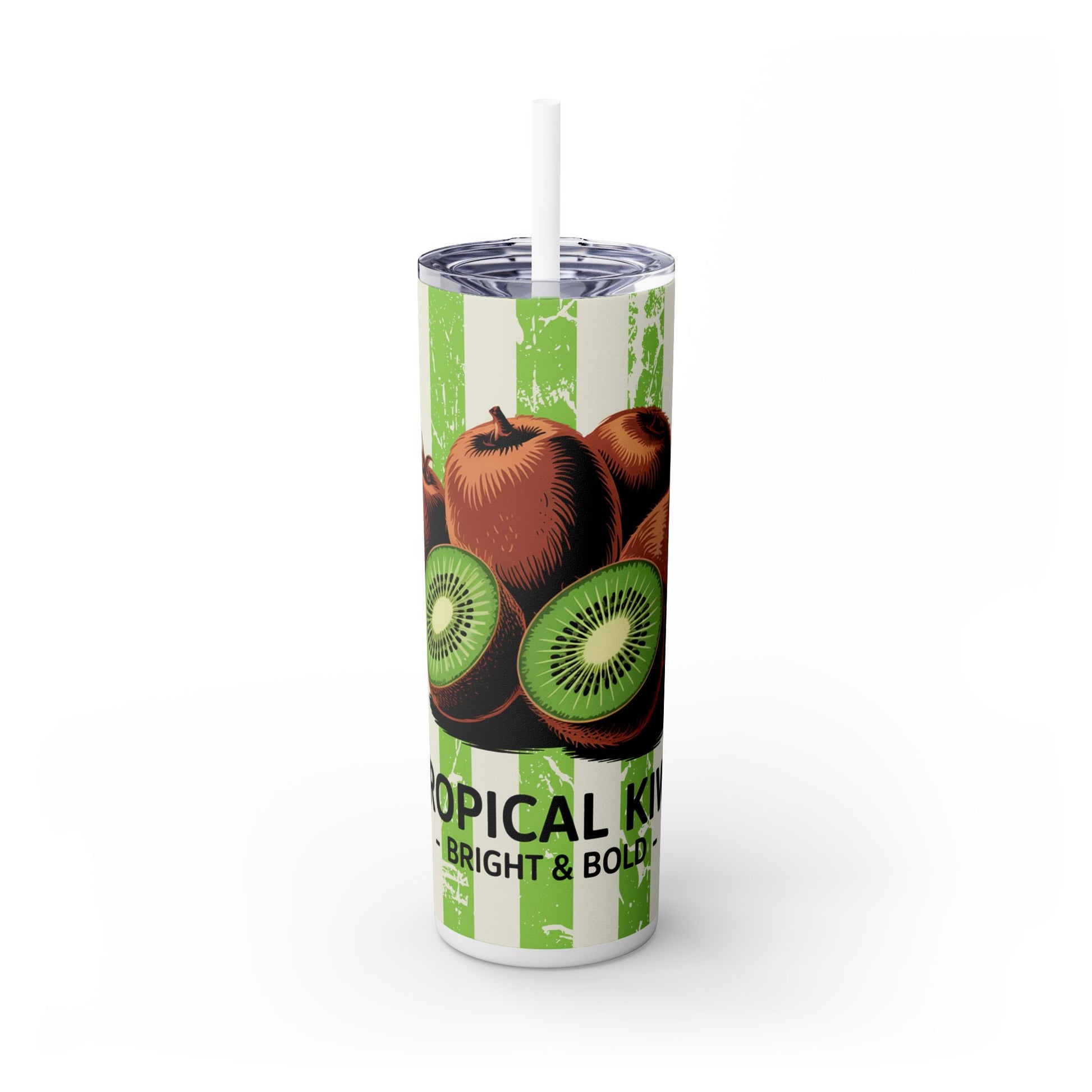 Tropical Kiwi Skinny Tumbler, 20oz, is a BPA-free stainless steel travel mug with double wall insulation, illustrated kiwis on green and white stripes, and Tropical Kiwi Bright & Bold text. Eco-friendly summer drinkware gift.
