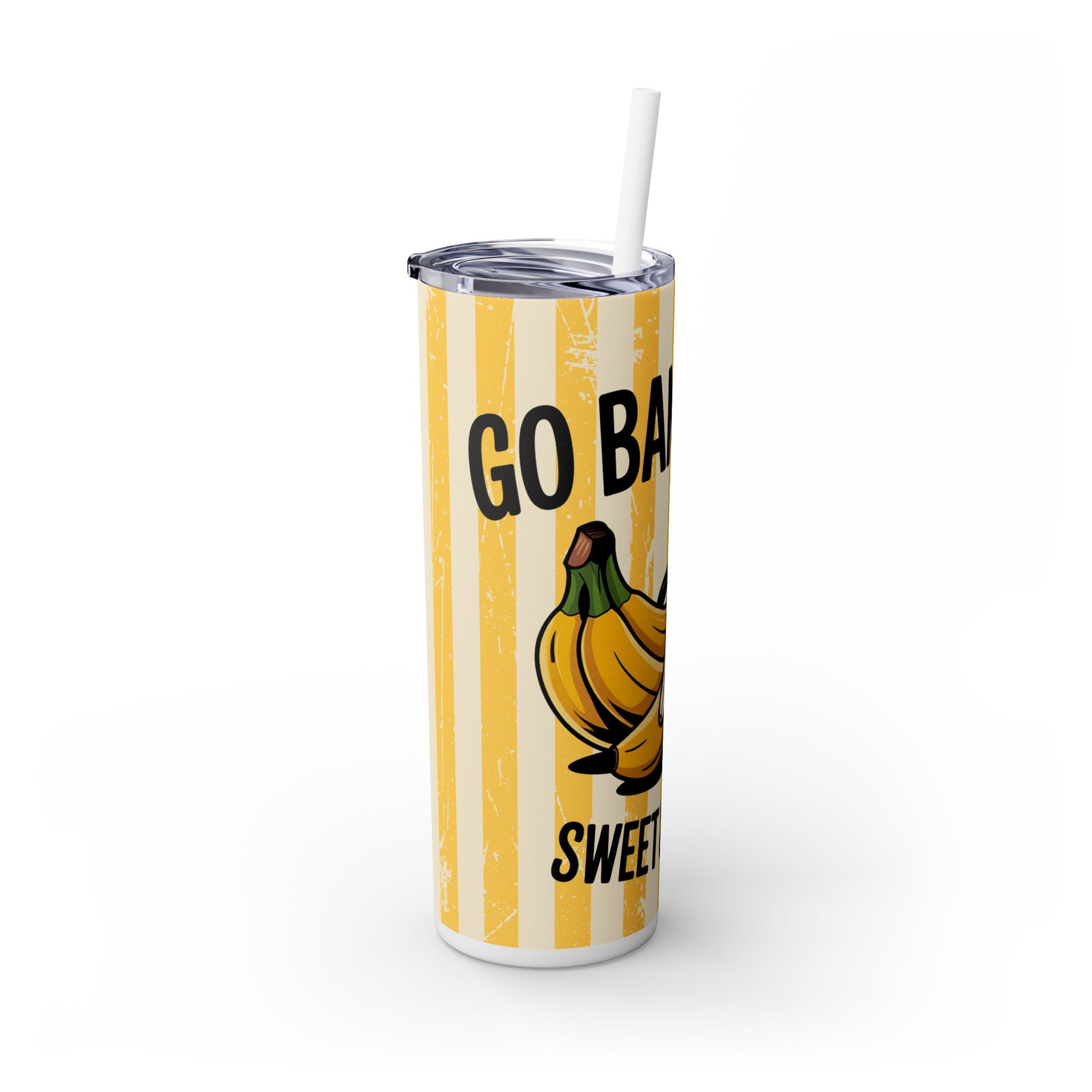 Banana Lover's Eco-Friendly Drinkware 20oz Skinny Tumbler featuring a colorful banana design with the words 'Go Bananas!' for sipping smoothies and juices.