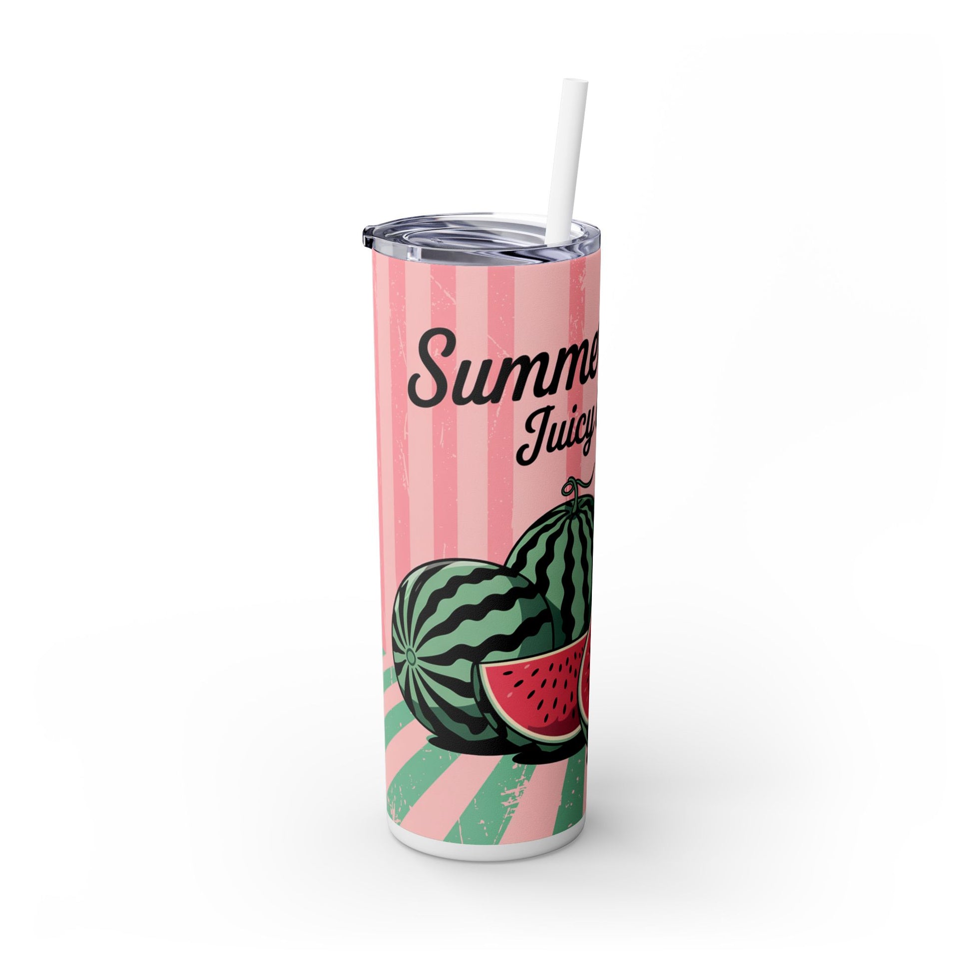 Summer Watermelon Skinny Tumbler with Straw, 20oz - a vibrant and fun summer drinkware tumbler featuring watermelons, perfect for pool parties or summer gifts.