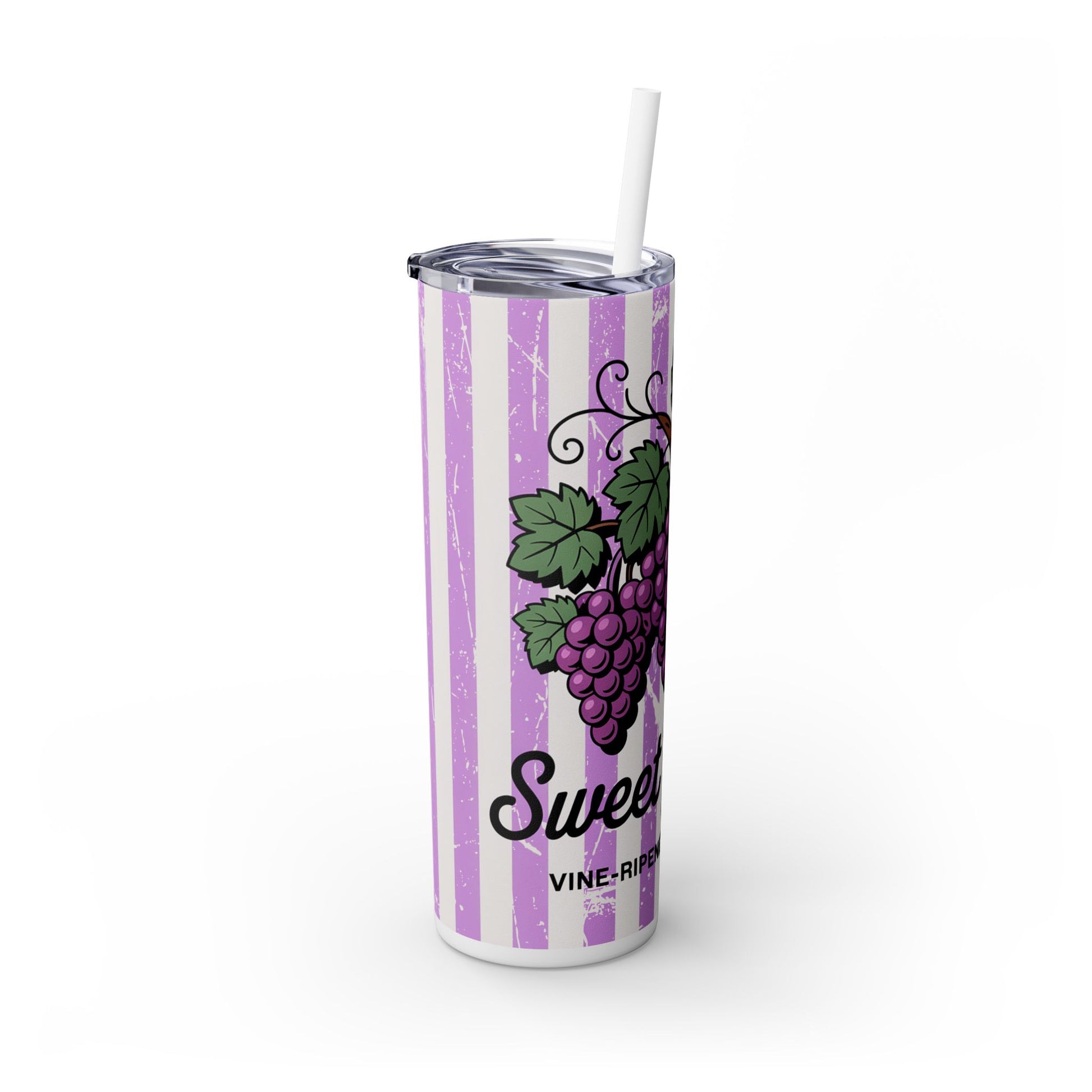 Sweet Grape Skinny Tumbler with Straw, 20oz design featuring vibrant grape graphics on a striped background, perfect for wine lovers and summer parties.