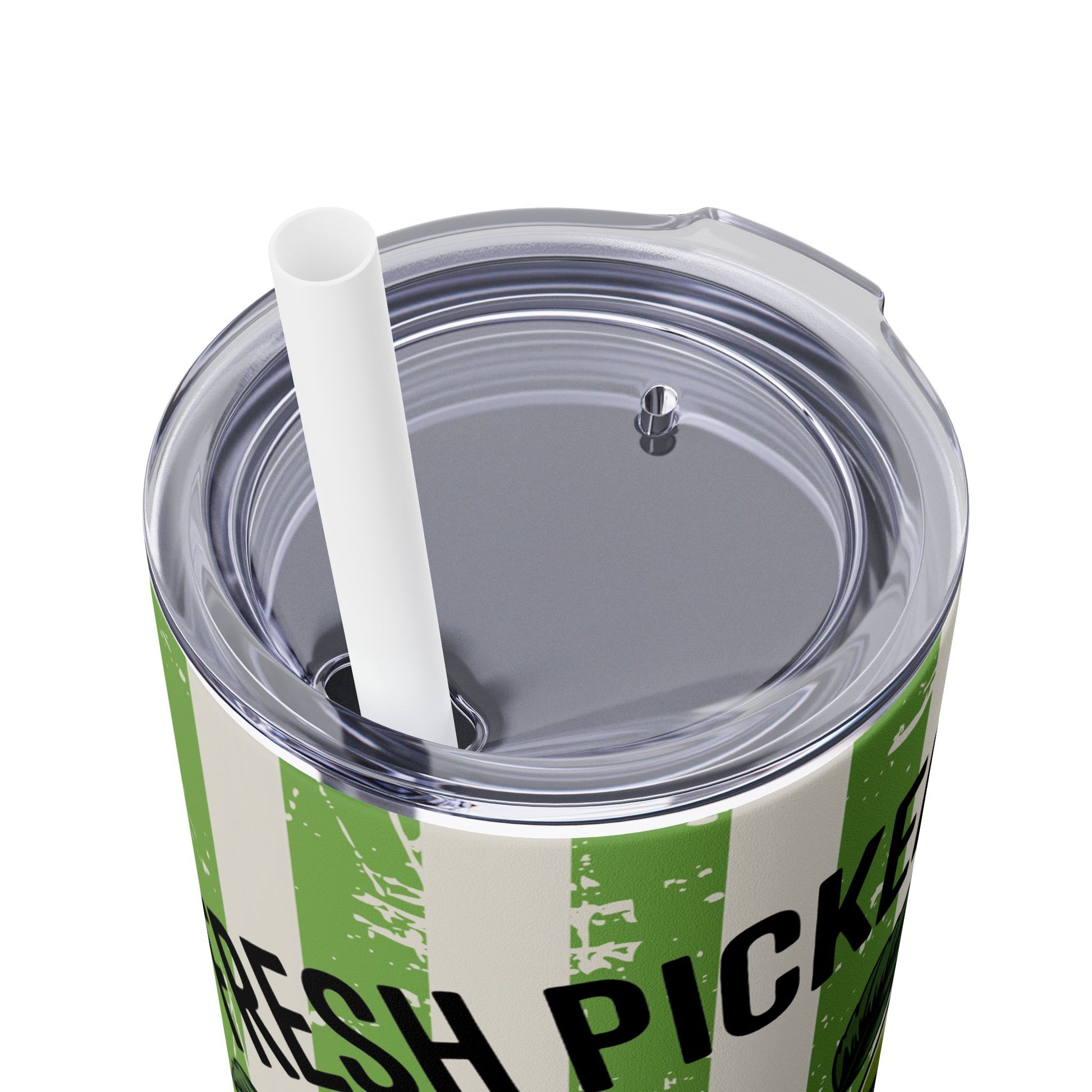 Another angle of the 20oz stainless steel tumbler in Crisp Apple design with a straw, emphasizing its functionality and fall aesthetic.