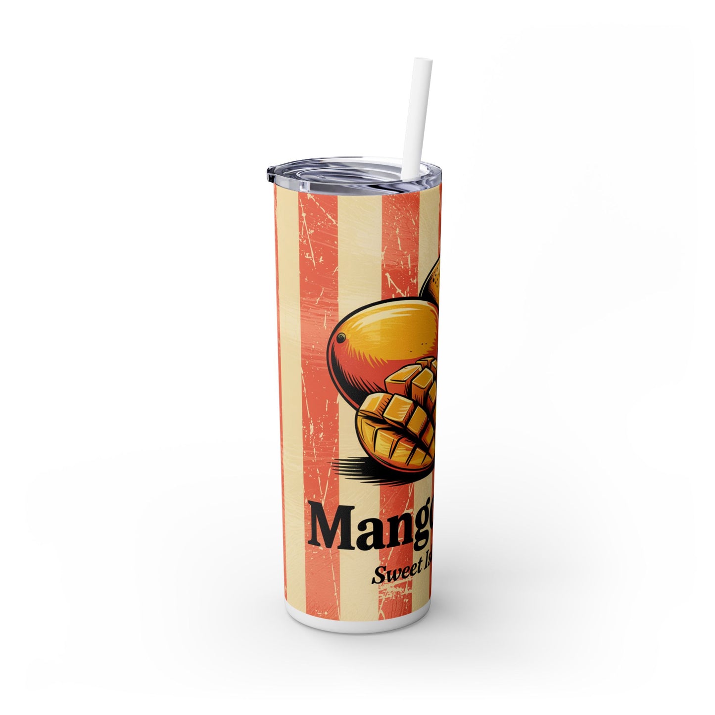 Tropical Mango Skinny Tumbler with Straw | Colorful design with mango and pineapple illustrations, perfect for summer hydration.