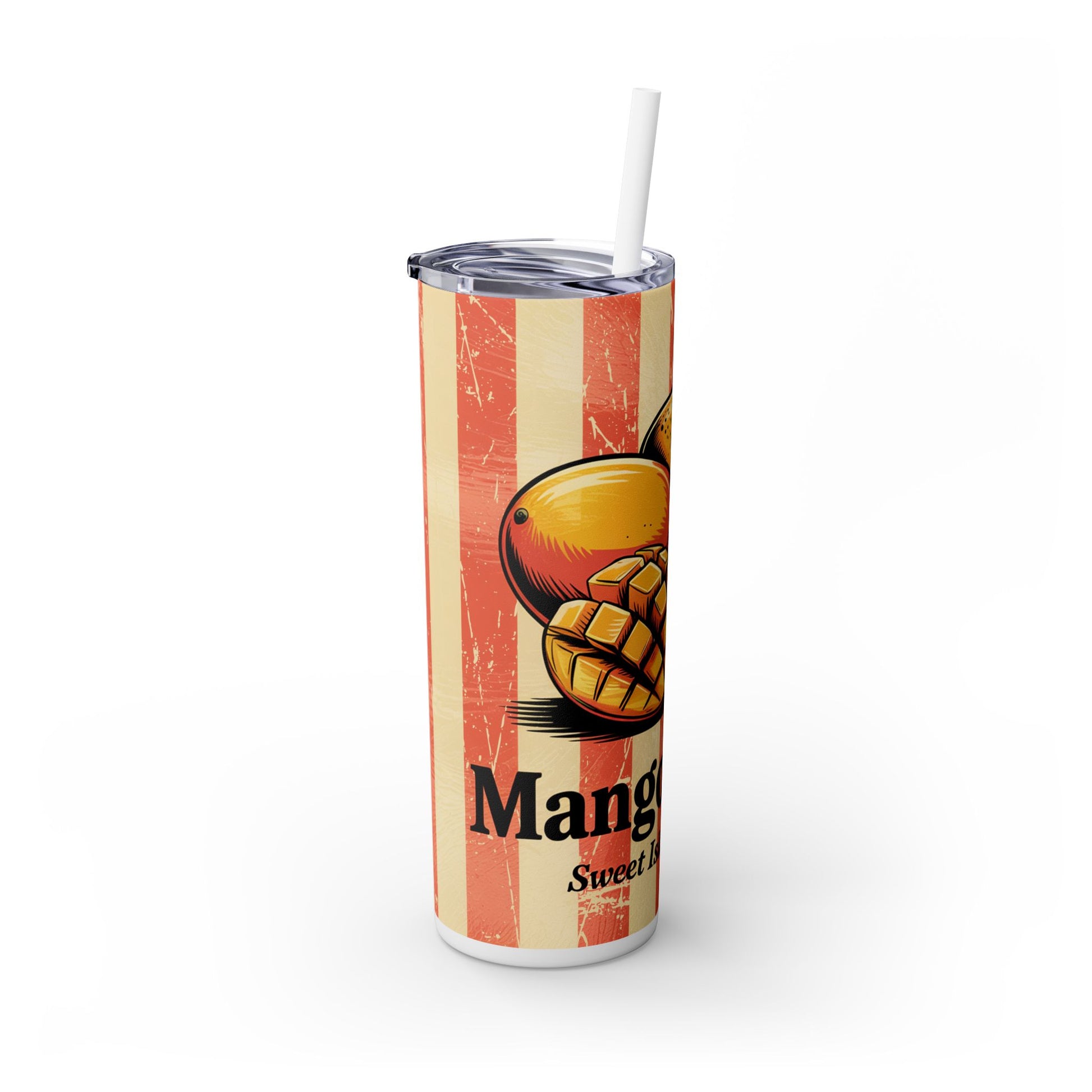 Tropical Mango Skinny Tumbler with Straw | Colorful design with mango and pineapple illustrations, perfect for summer hydration.